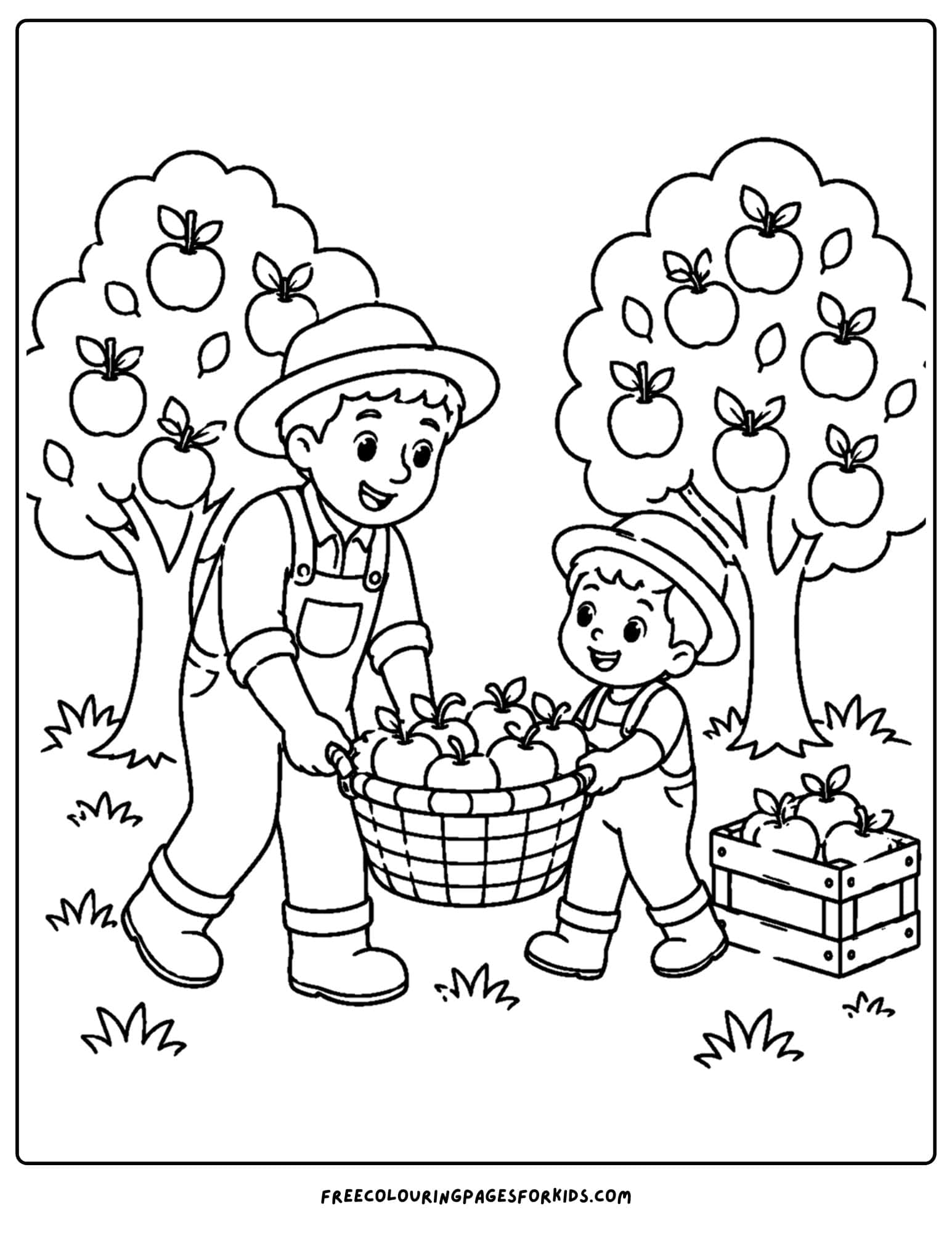 an orchard coloring page showing a child helping their parent in the orchard