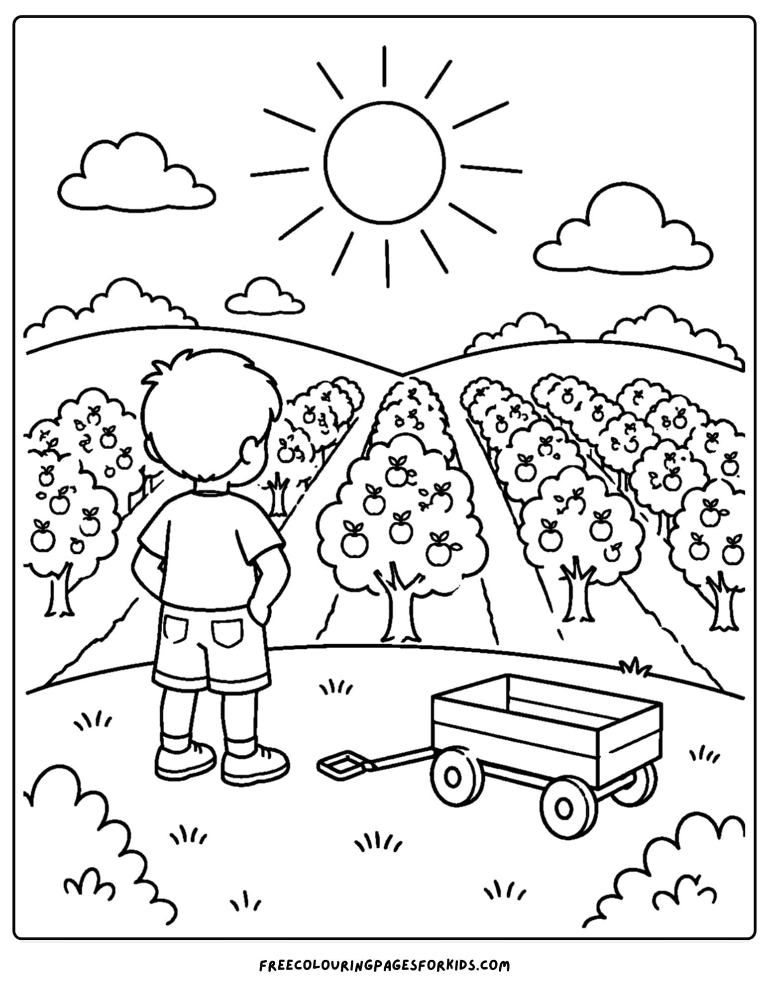 an orchard coloring page showing a view from a hill looking out across all the fruit trees