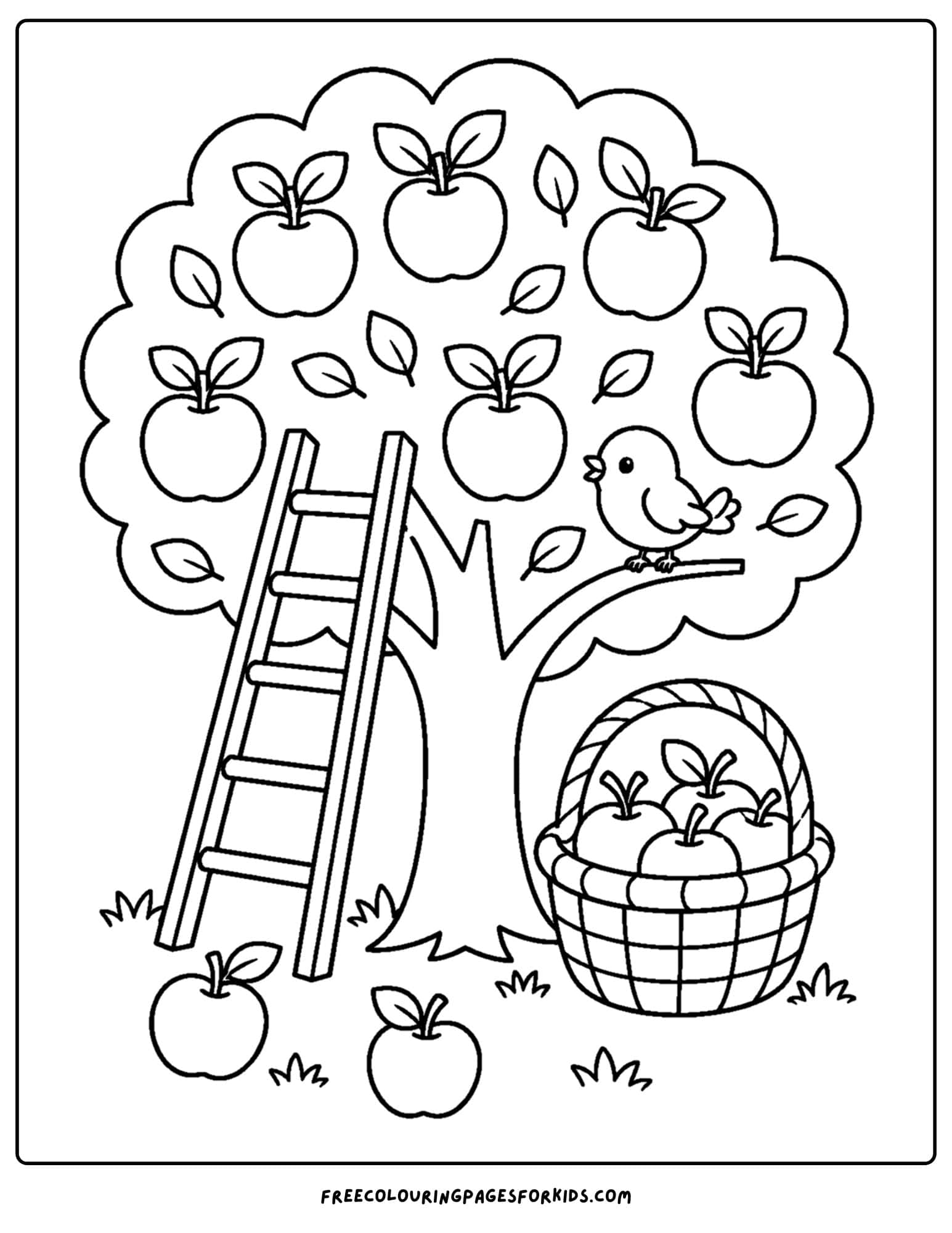 an orchard coloring page showing a ladder leading against a tree used to pick fruit