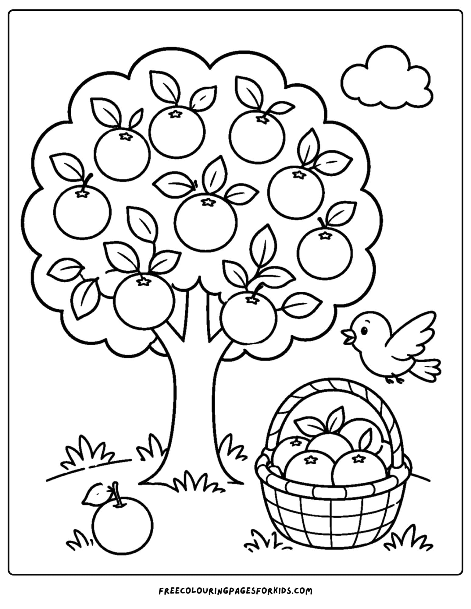 an orchard coloring page showing an orange tree with a fruit basket below it