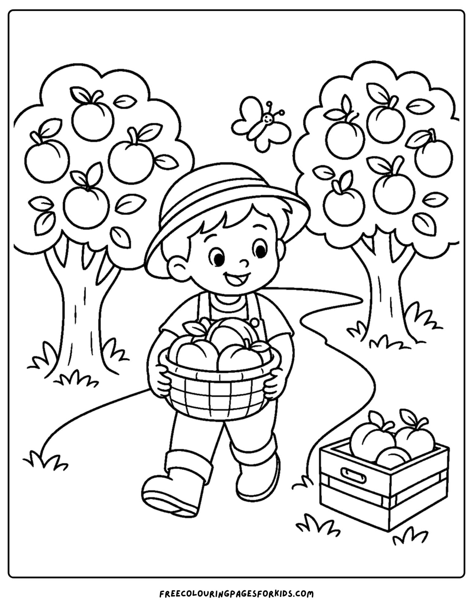 an orchard coloring page showing a child holding a basket full of peaches picked from the orchard