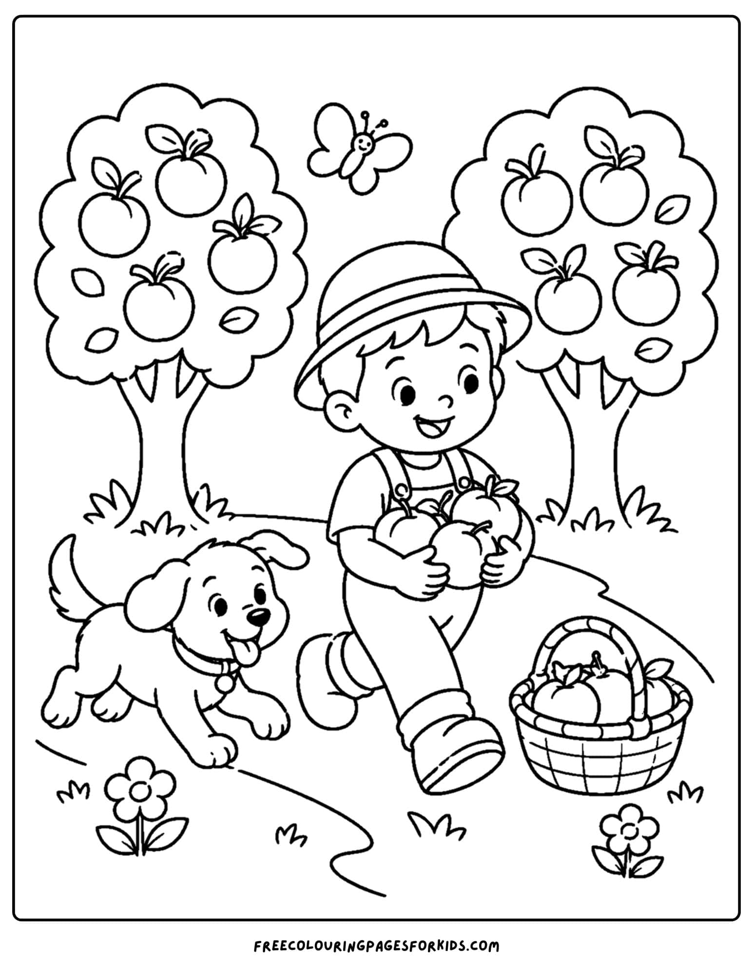 an orchard coloring page showing a child and puppy walking in an orchard