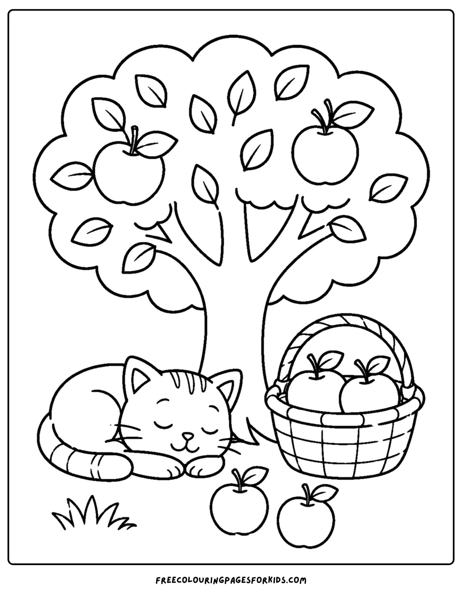 an orchard coloring page showing a cat sleeping in the shade of a fruit tree