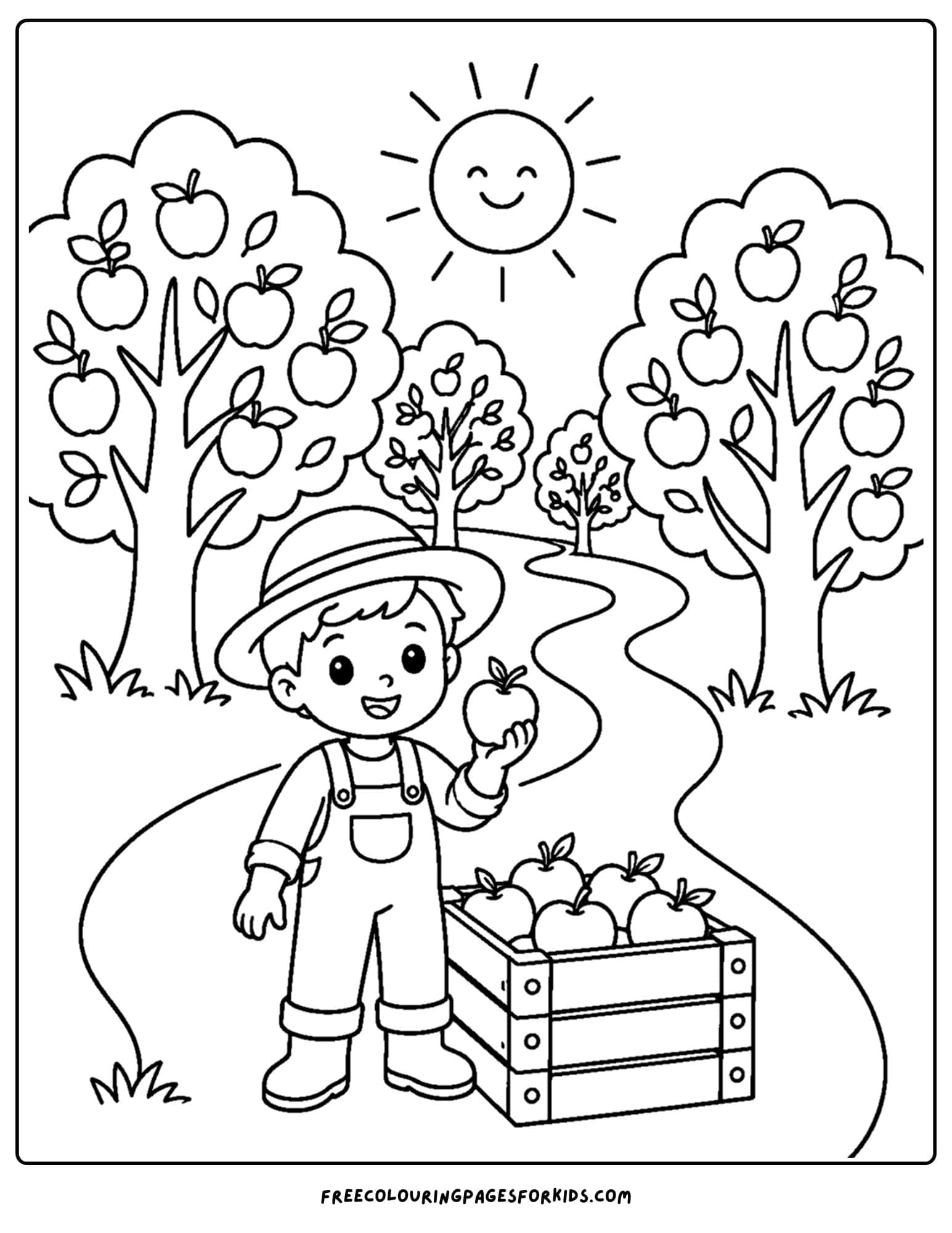 an orchard coloring page showing a winding path with a child holding an apple amongst the fruit trees and sun