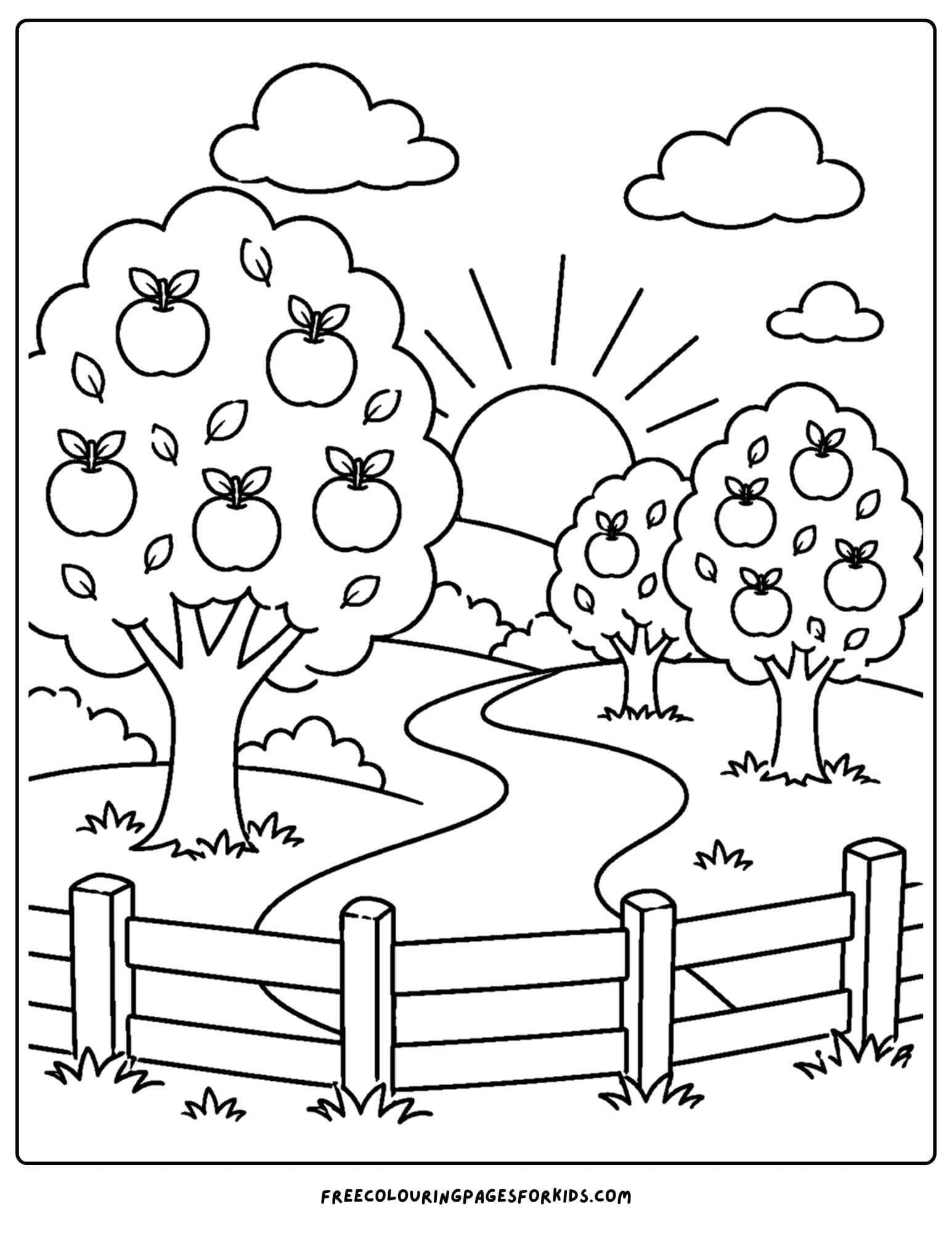 an orchard coloring page showing a sunset view over the fruit trees
