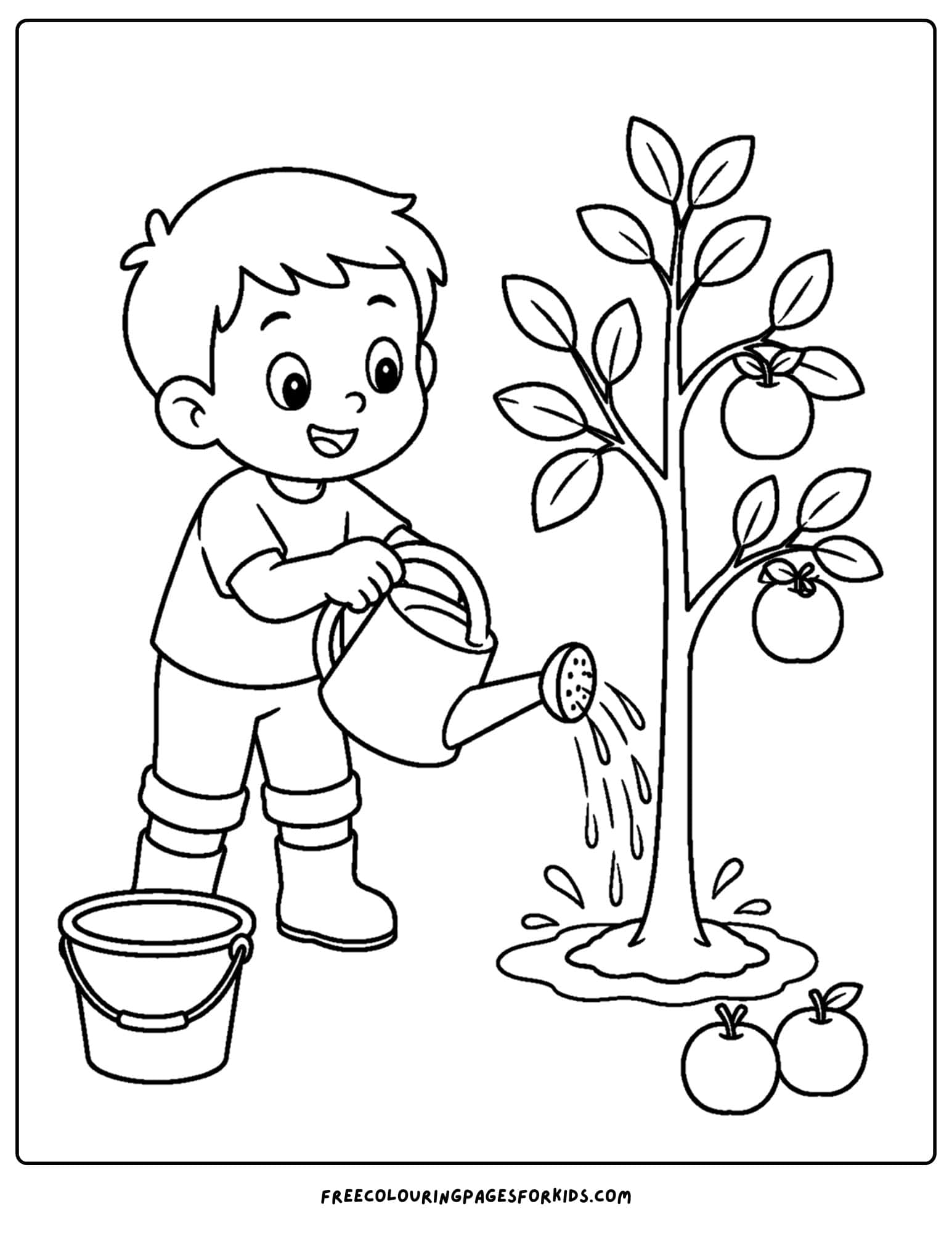 an orchard coloring page showing a child watering a young fruit tree