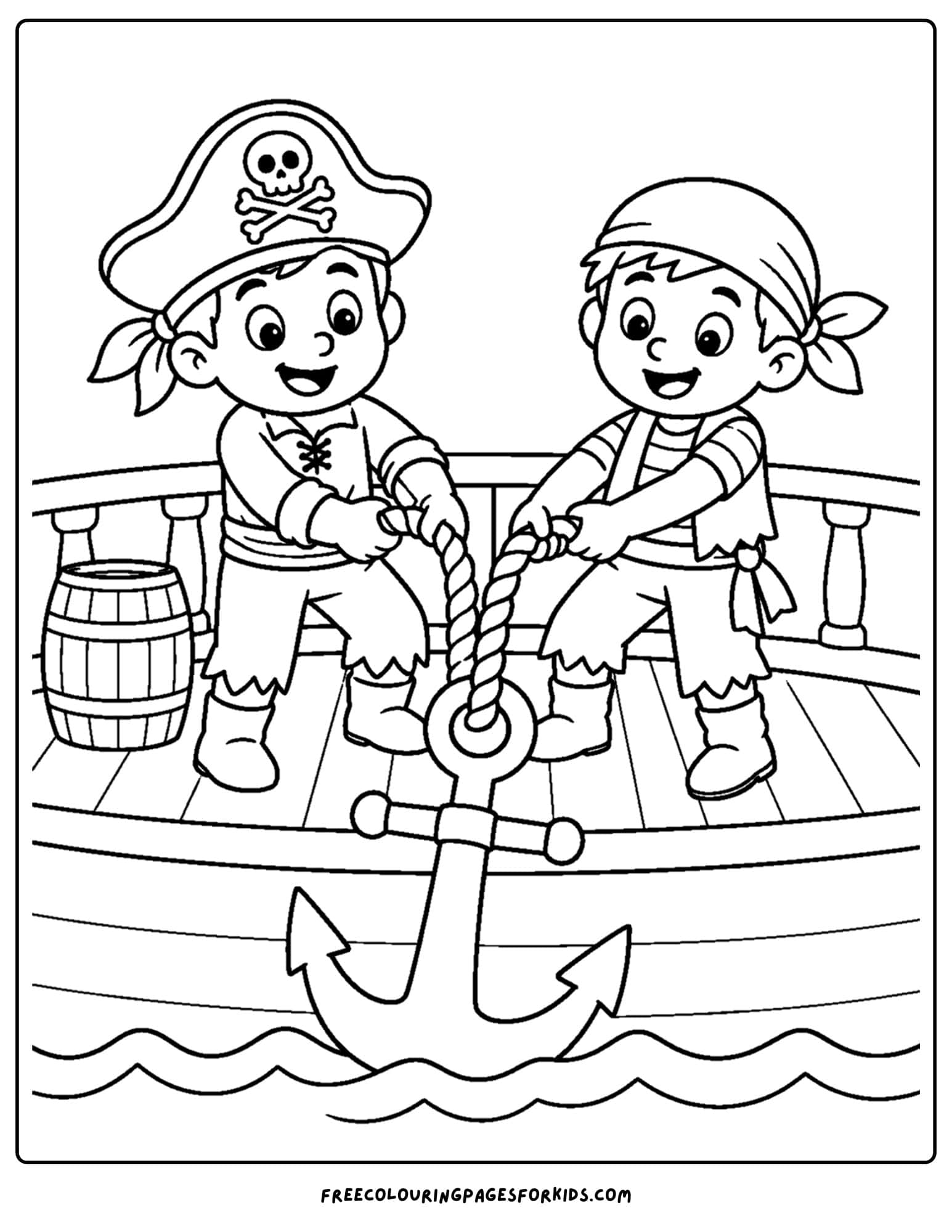 a pirate coloring page showing pirates pulling up the anchor