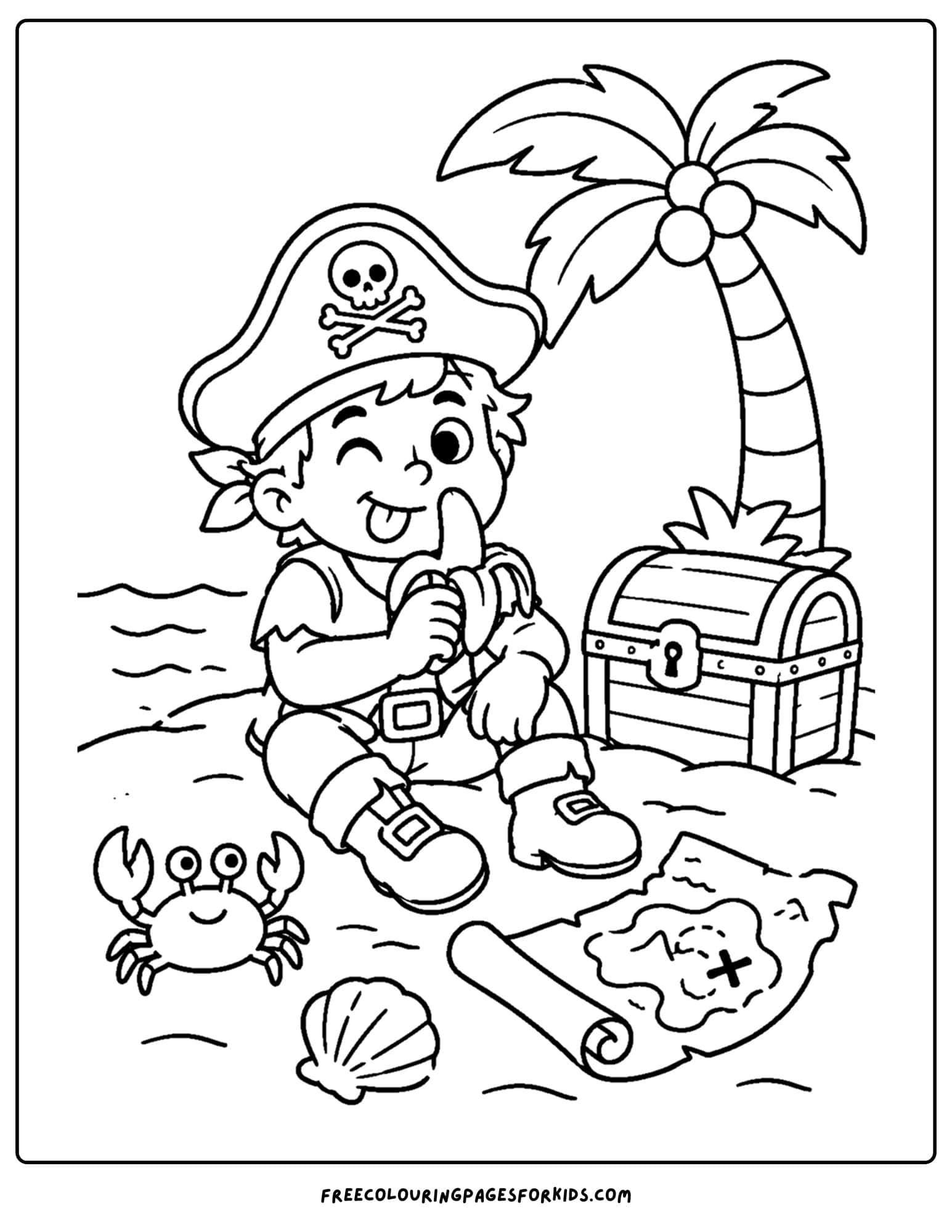 a pirate coloring page showing a pirate having a banana snack break