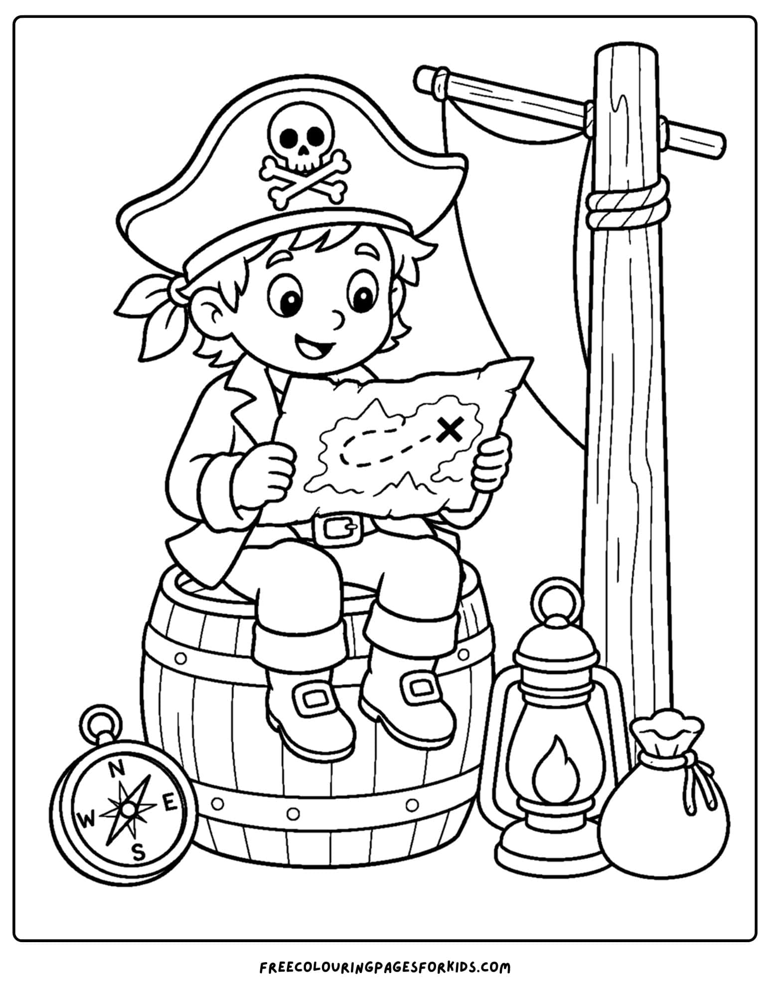 a pirate coloring page showing a pirate sitting on a barrel reading a map