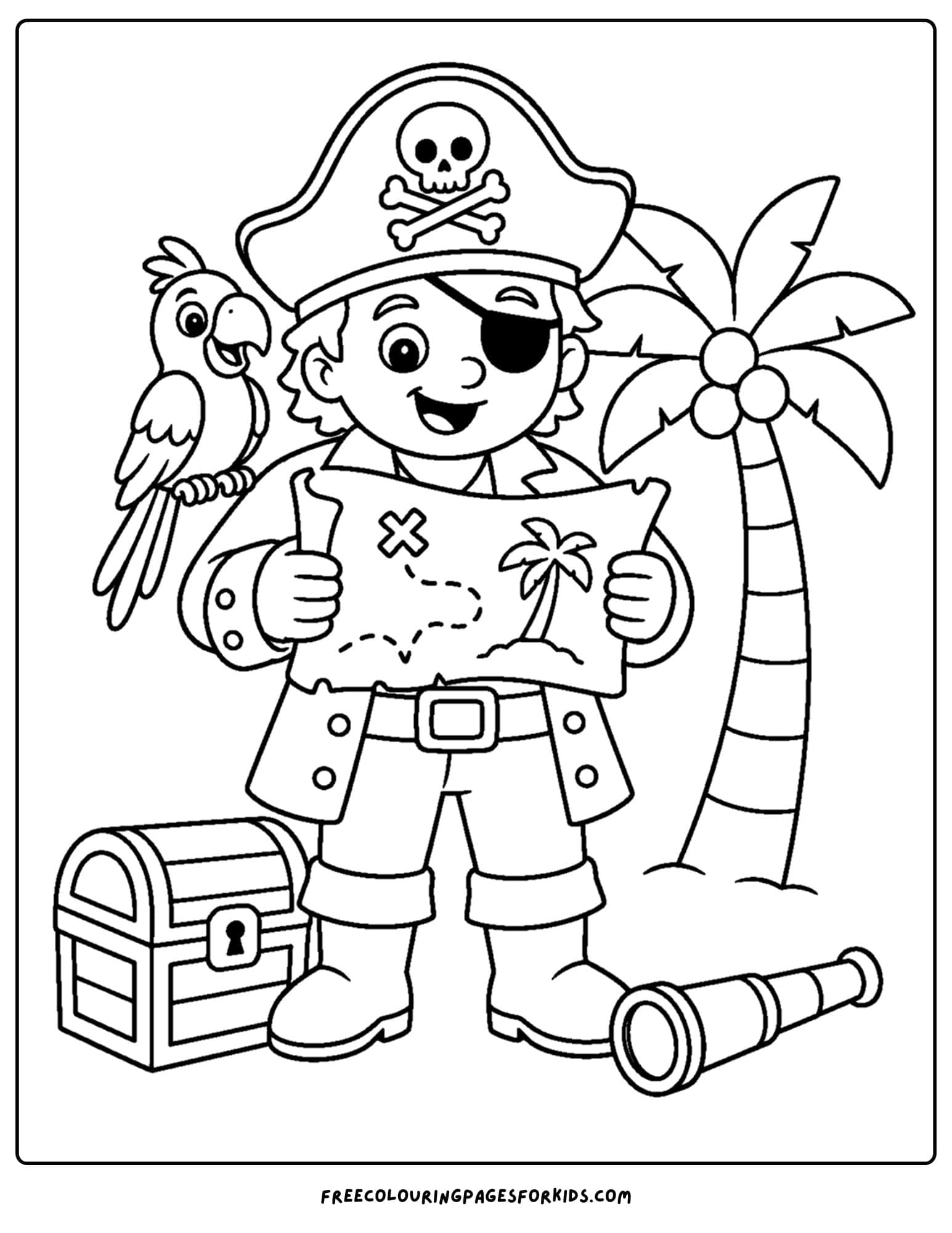 a pirate coloring page showing a captain with a treasure map