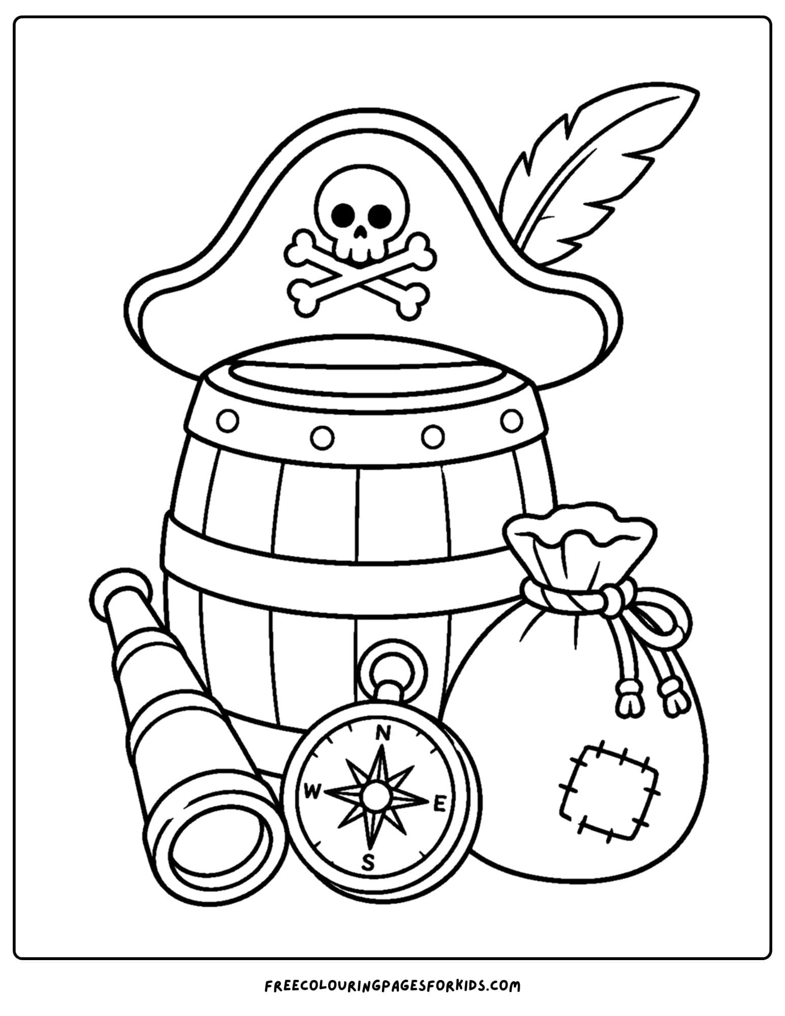 a pirate coloring page showing a pirate captains belongings