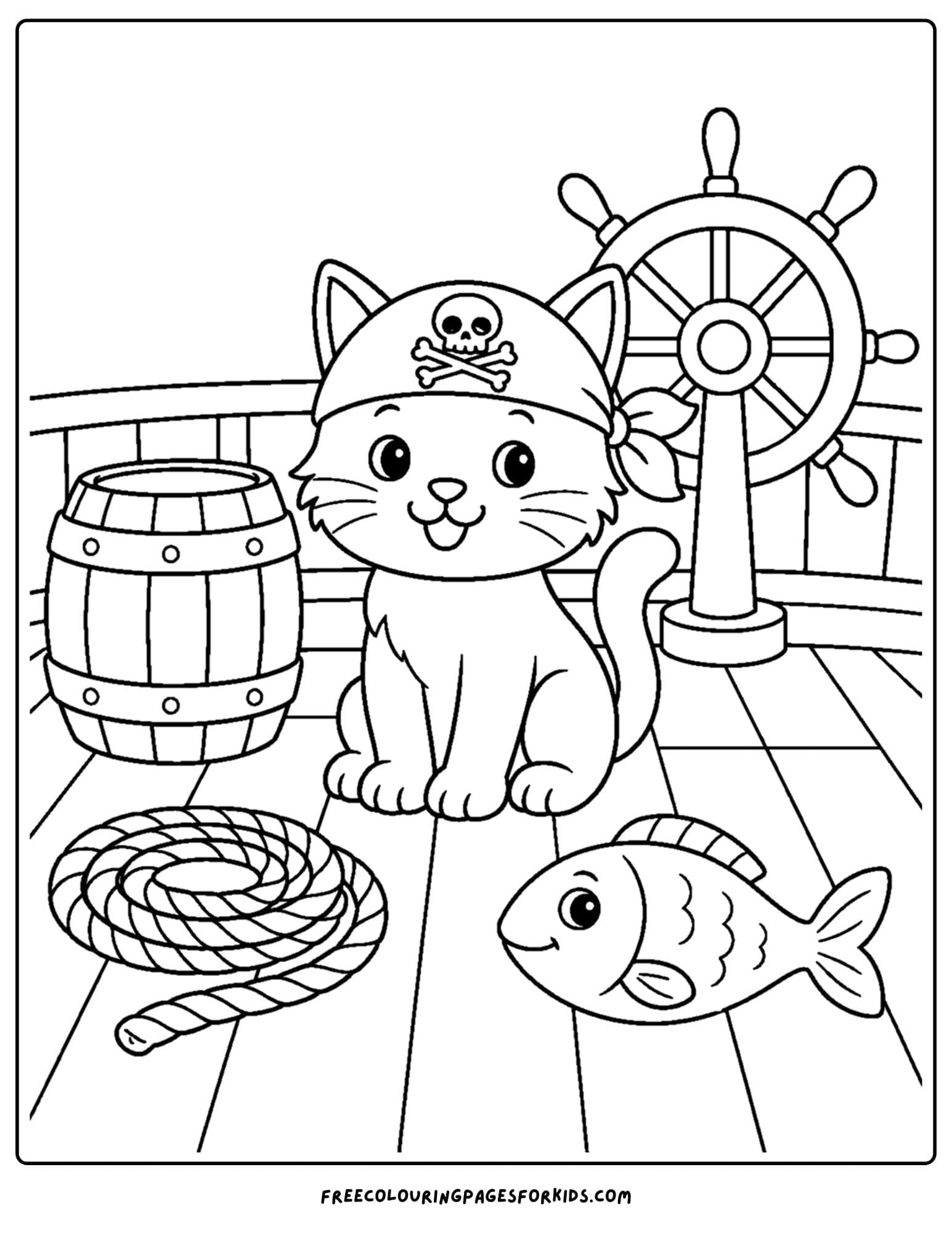a pirate coloring page showing a pirate cat on the ship