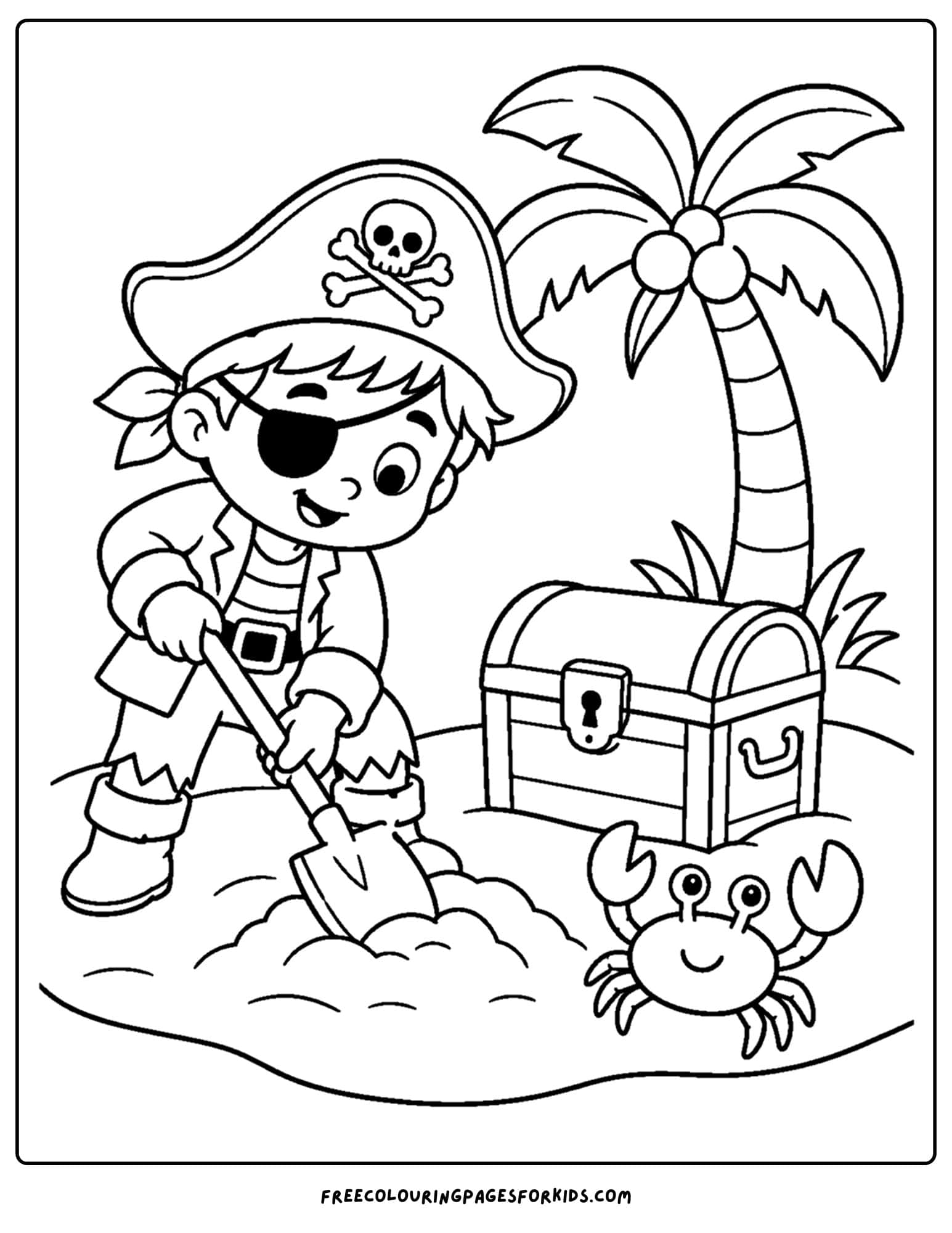 a pirate coloring page showing a pirate digging up treasure