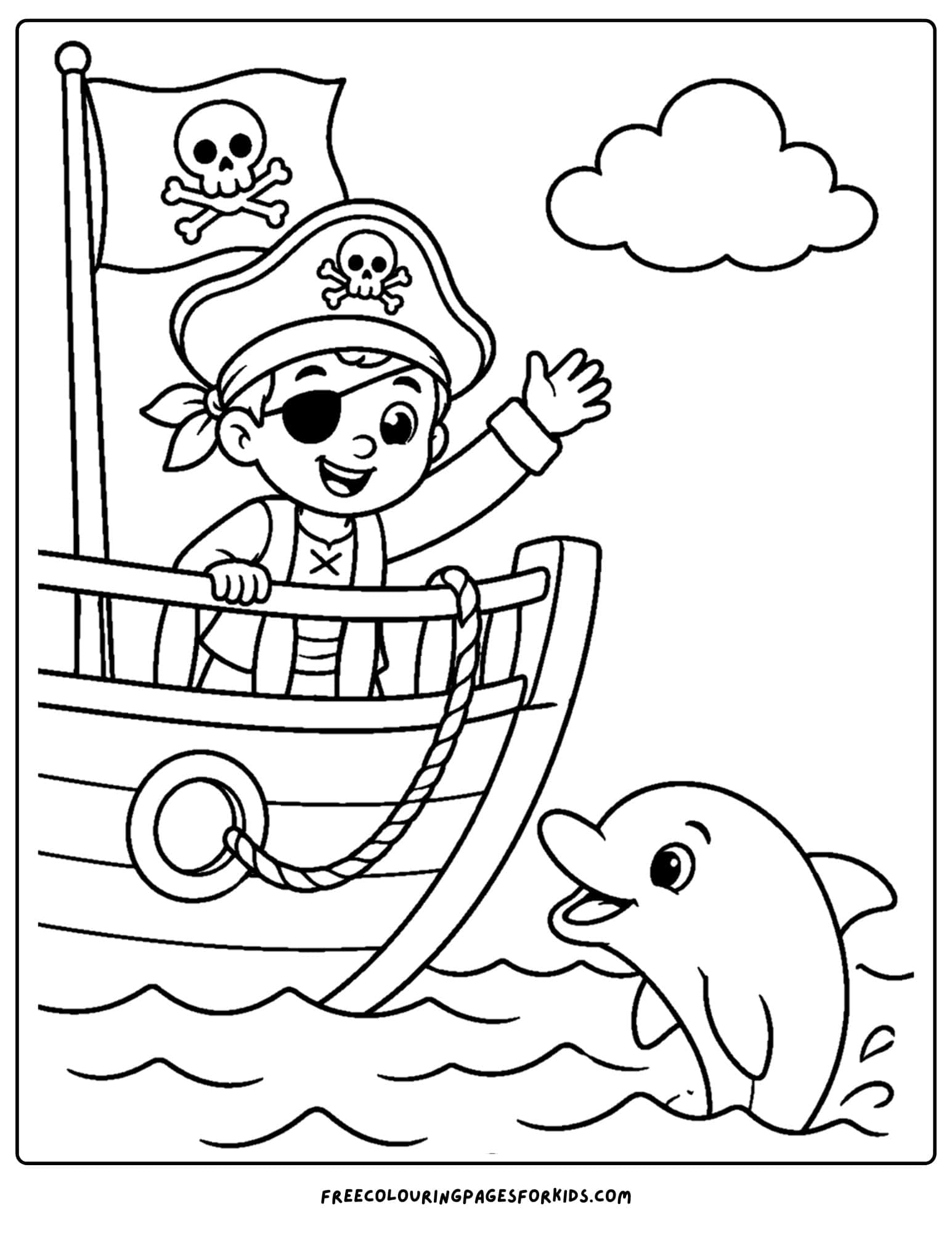 a pirate coloring page showing a pirate waving a at dolphin