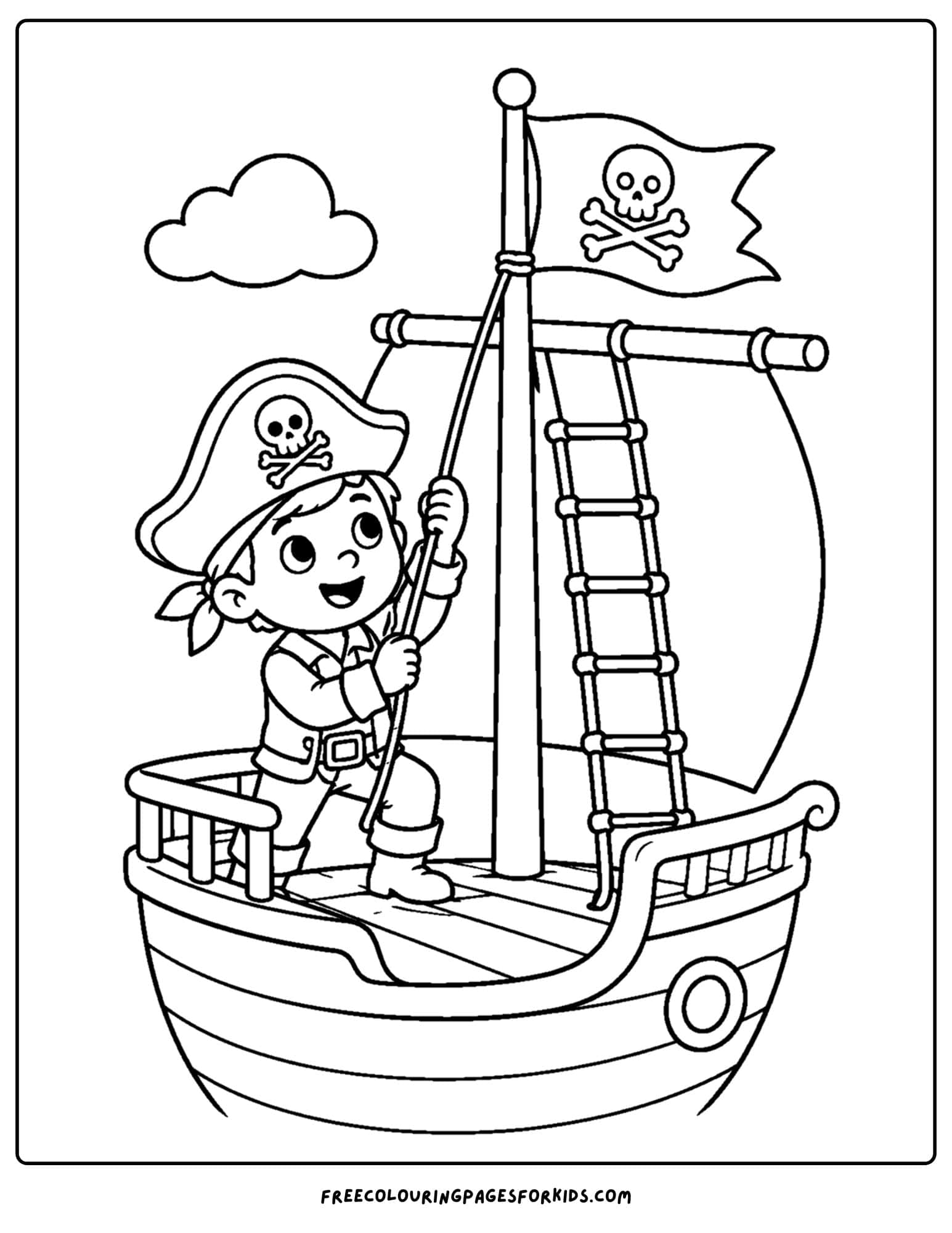 a pirate coloring page showing a pirate raising the mast on a ship