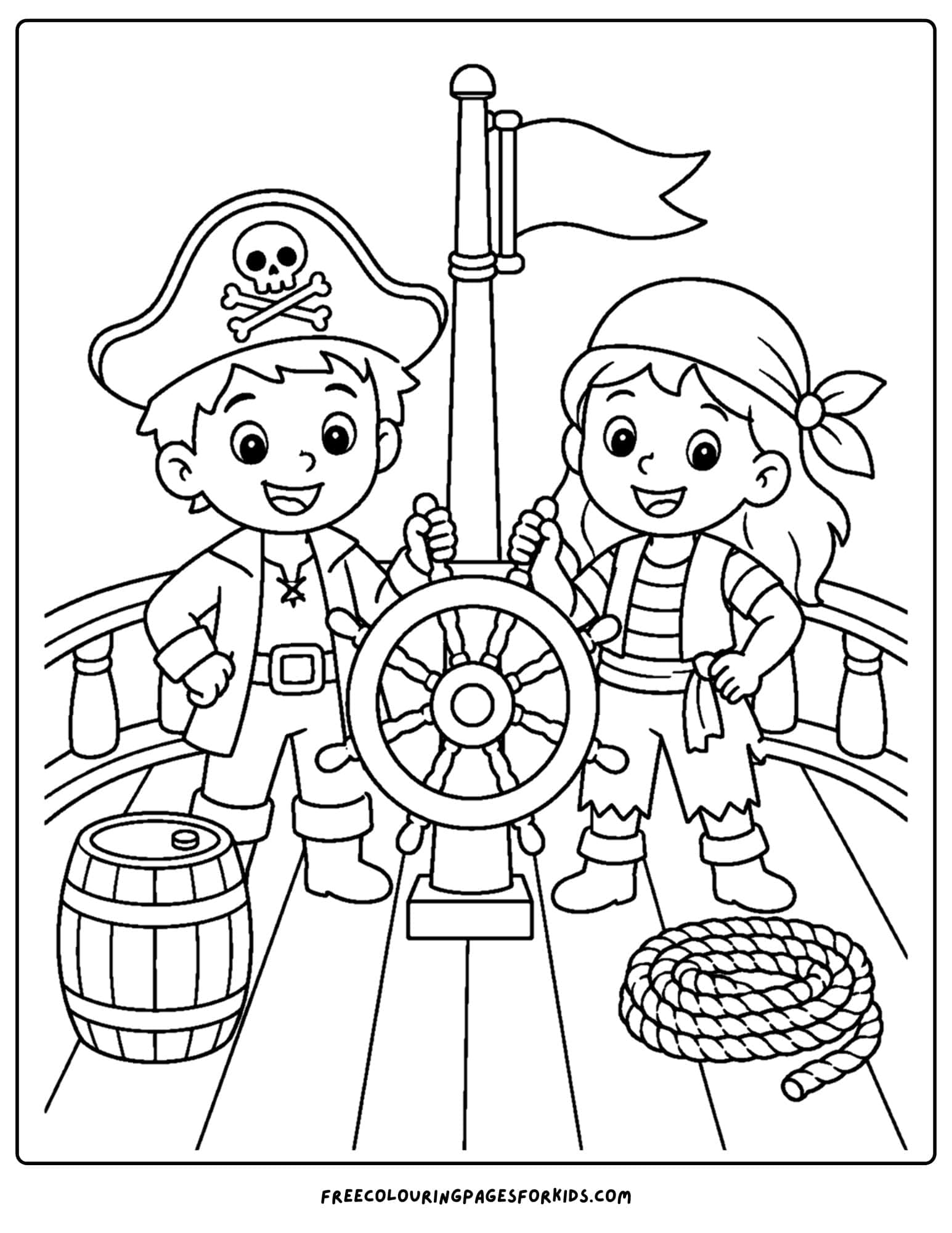 a pirate coloring page showing a pirate friends on the deck of a ship