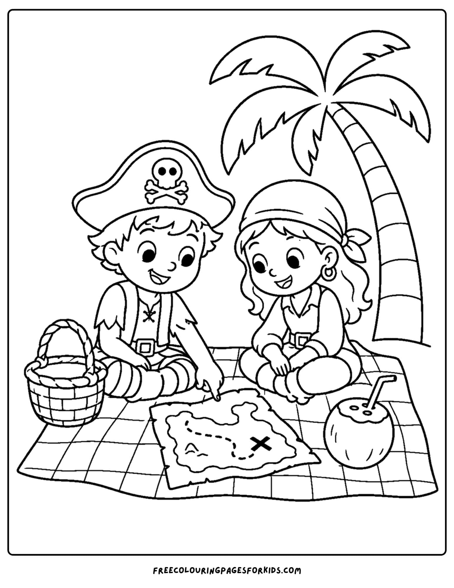 a pirate coloring page showing pirates having a picnic on a beach