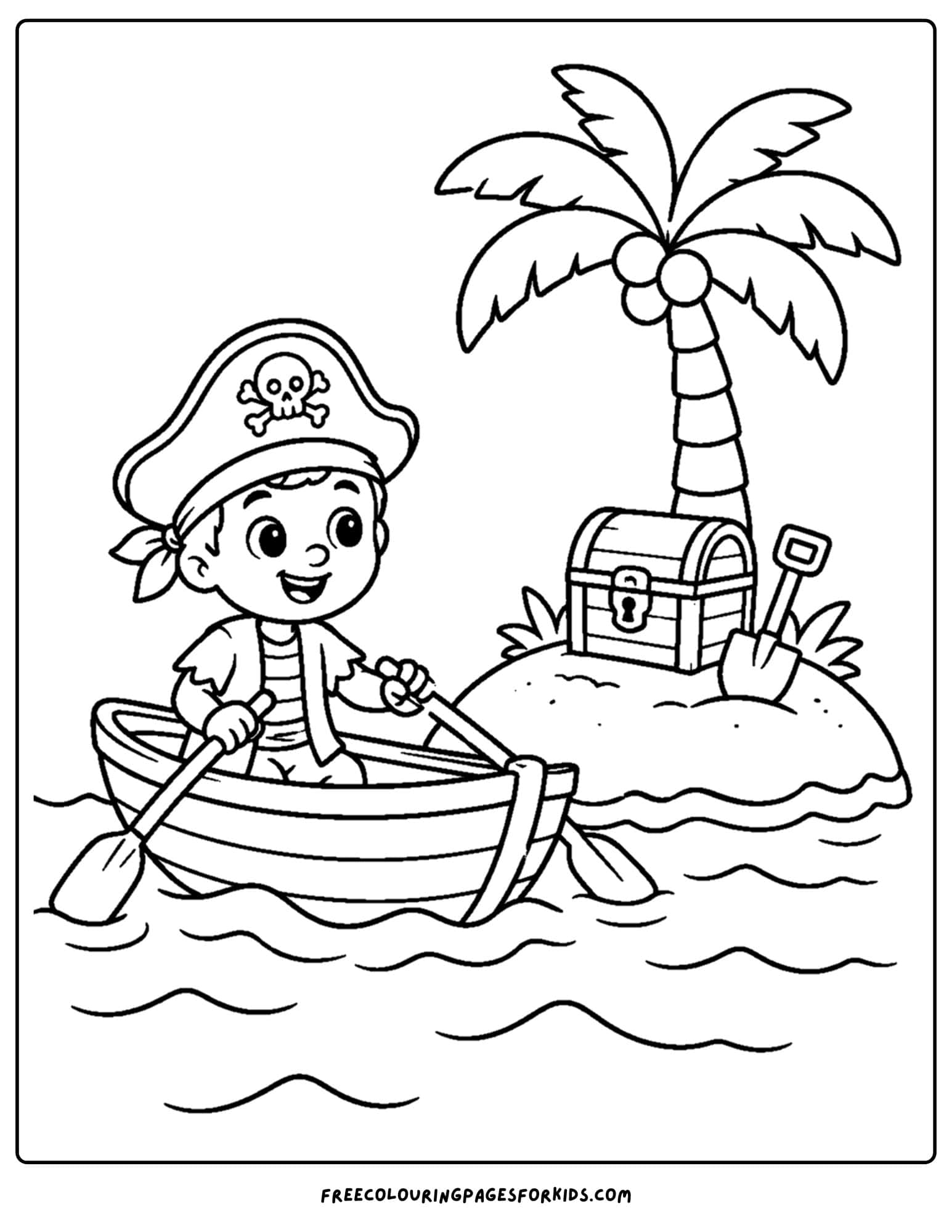 a pirate coloring page showing a pirate rowing a boat to an island with treasure