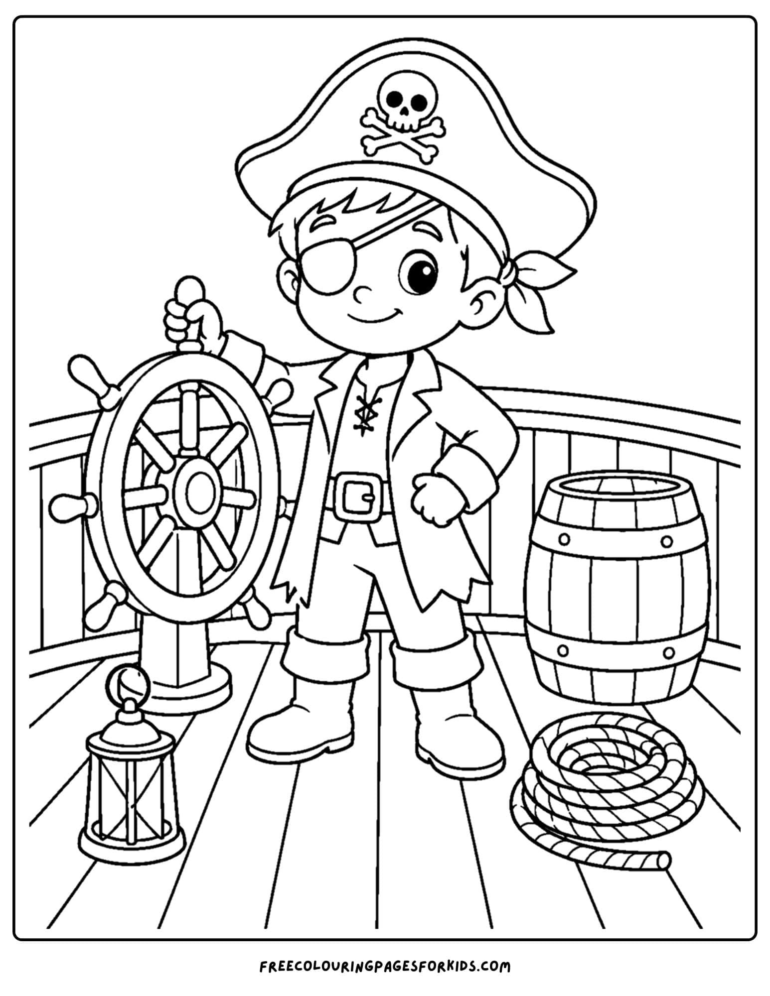 a pirate coloring page showing a pirate kid on the deck of a ship