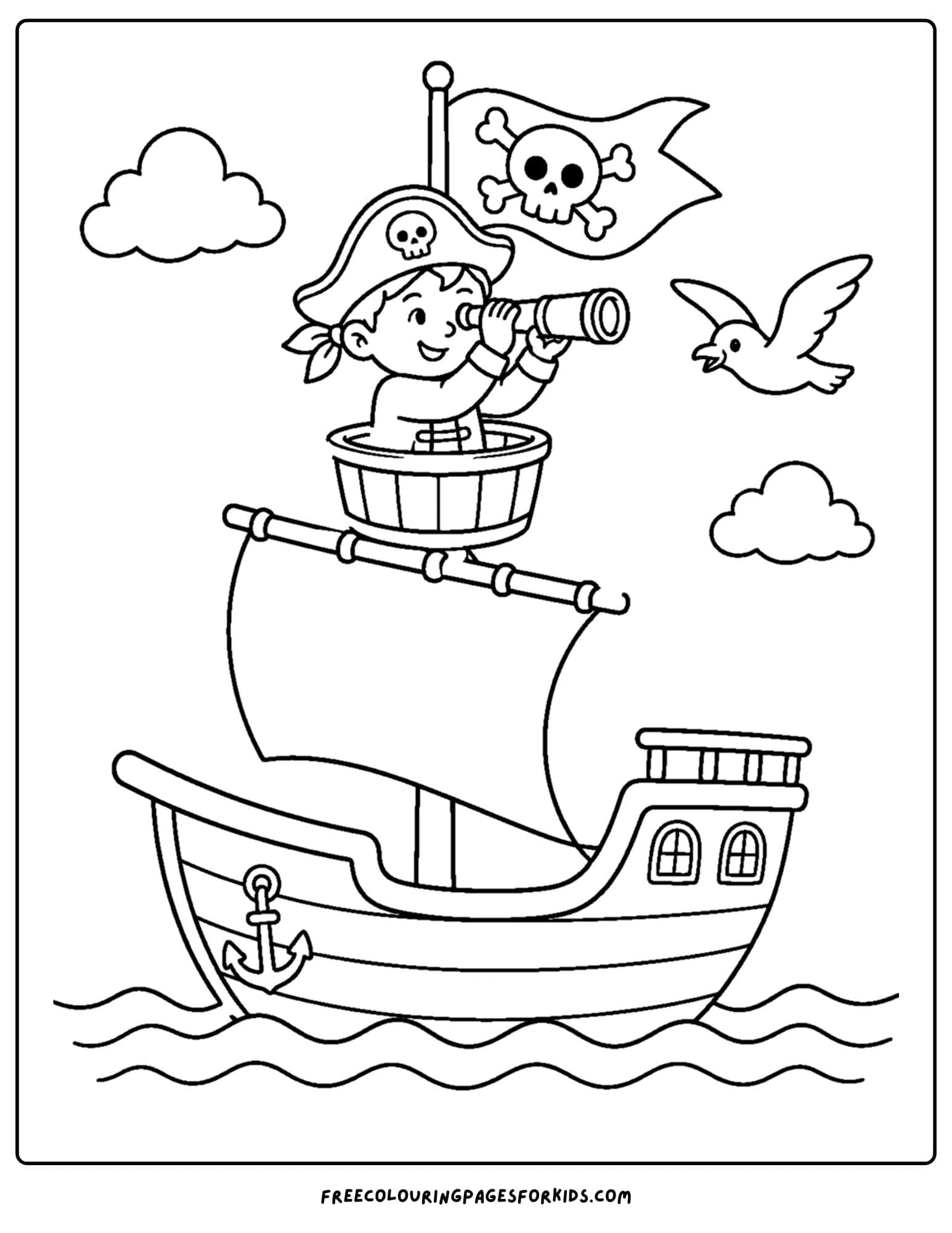 a pirate coloring page showing a pirate in the lookout tower with a spy glass