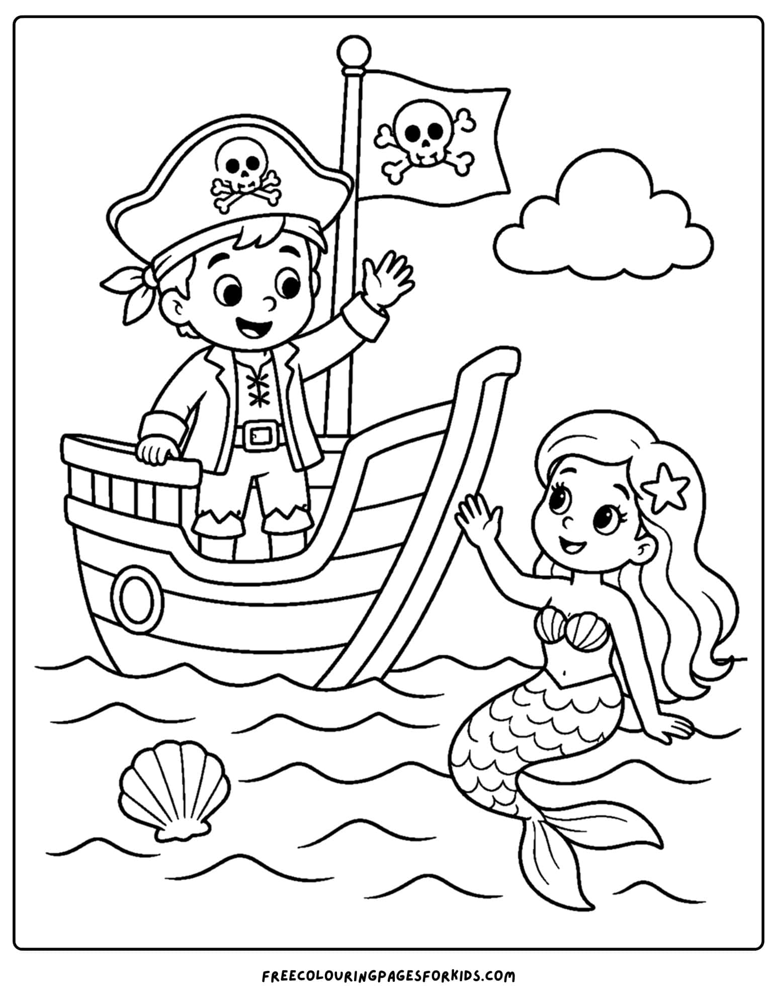 a pirate coloring page showing a pirate waving to a mermaid