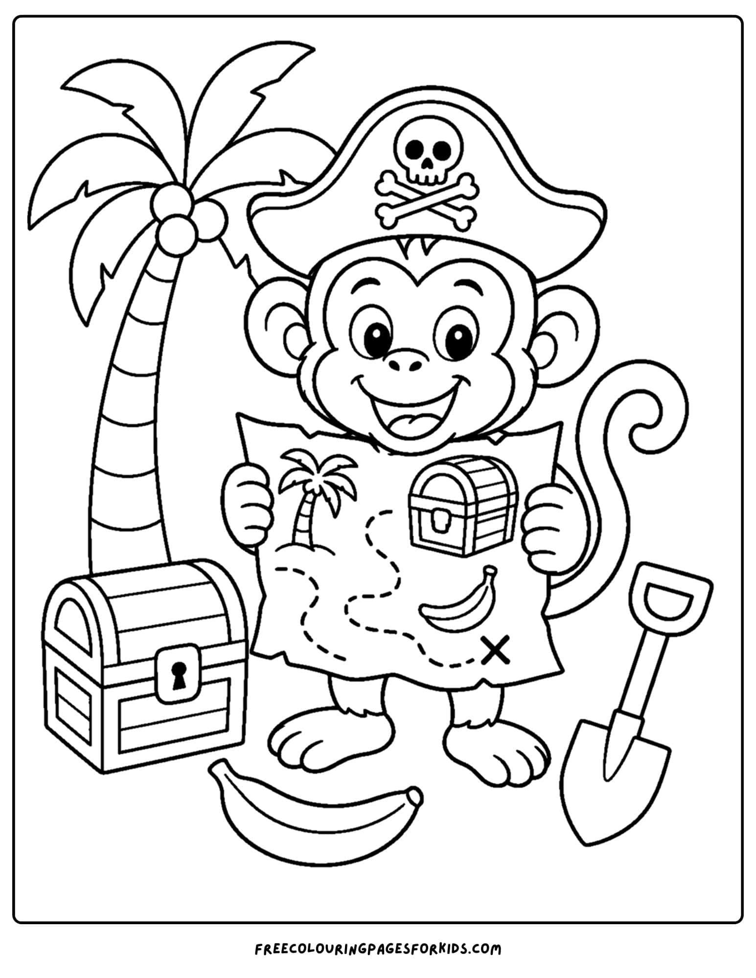 a pirate coloring page showing a monkey holding a treasure map