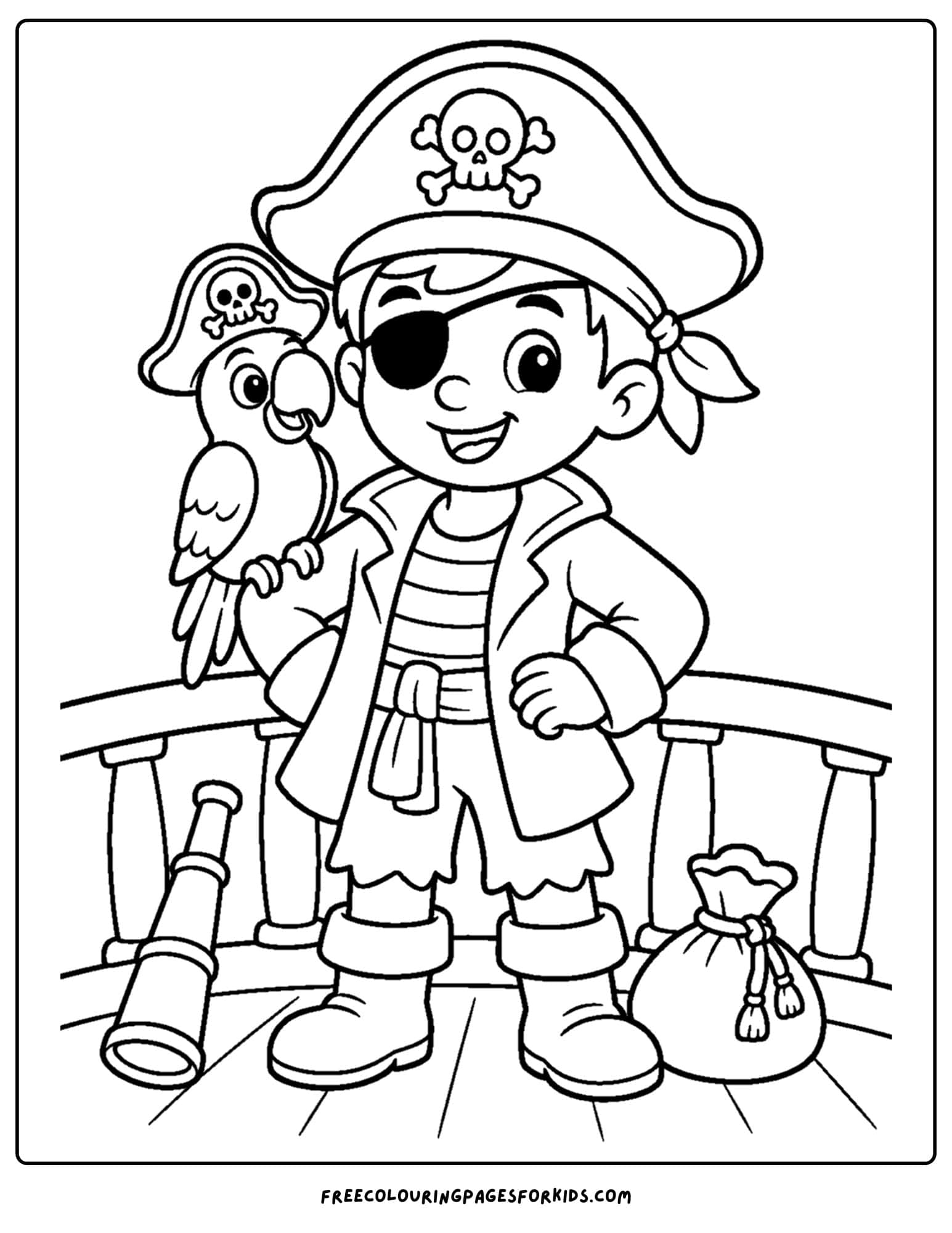 a pirate coloring page showing a pirate with a parrot on their shoulder