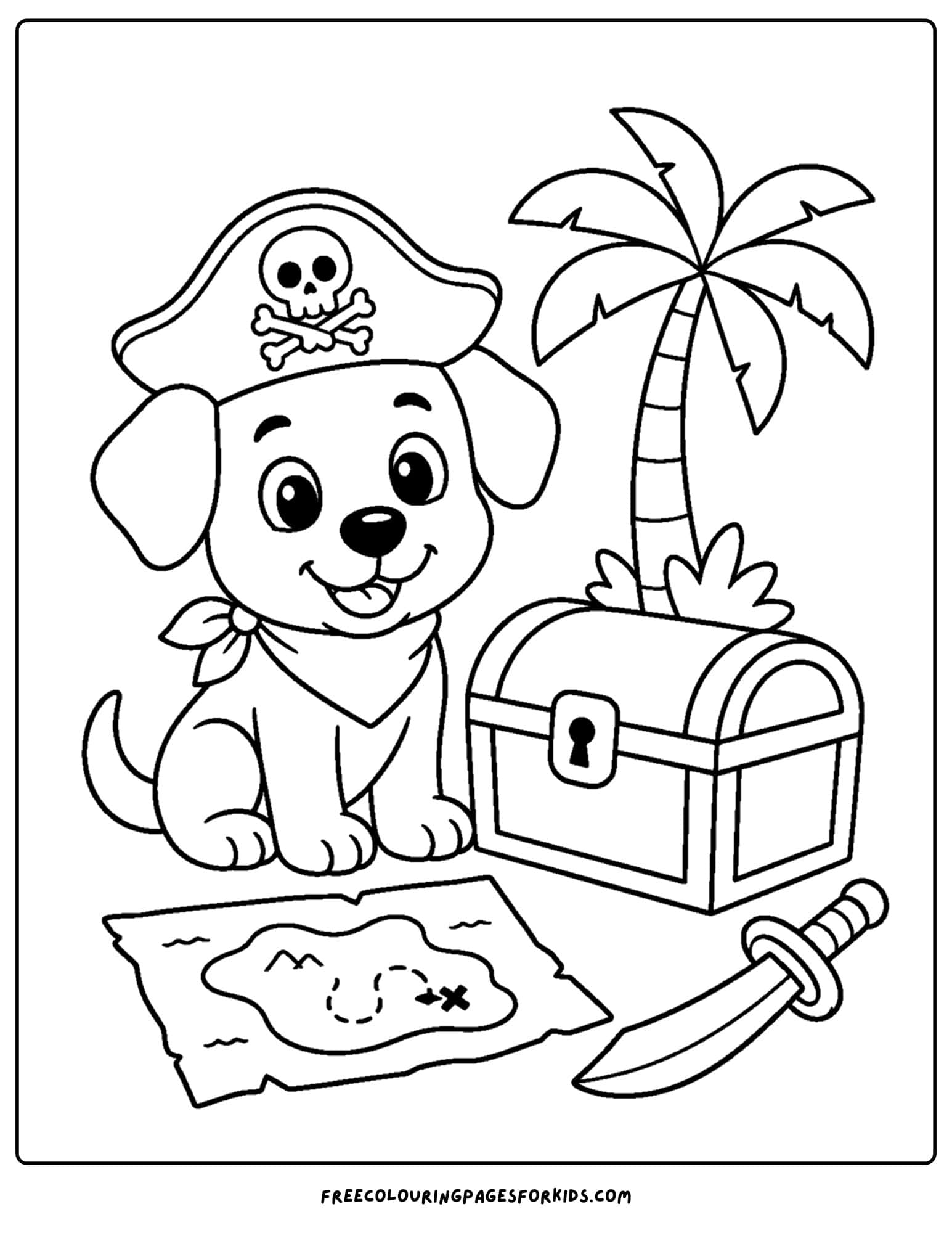 a pirate coloring page showing a pirate puppy and a treasure chest