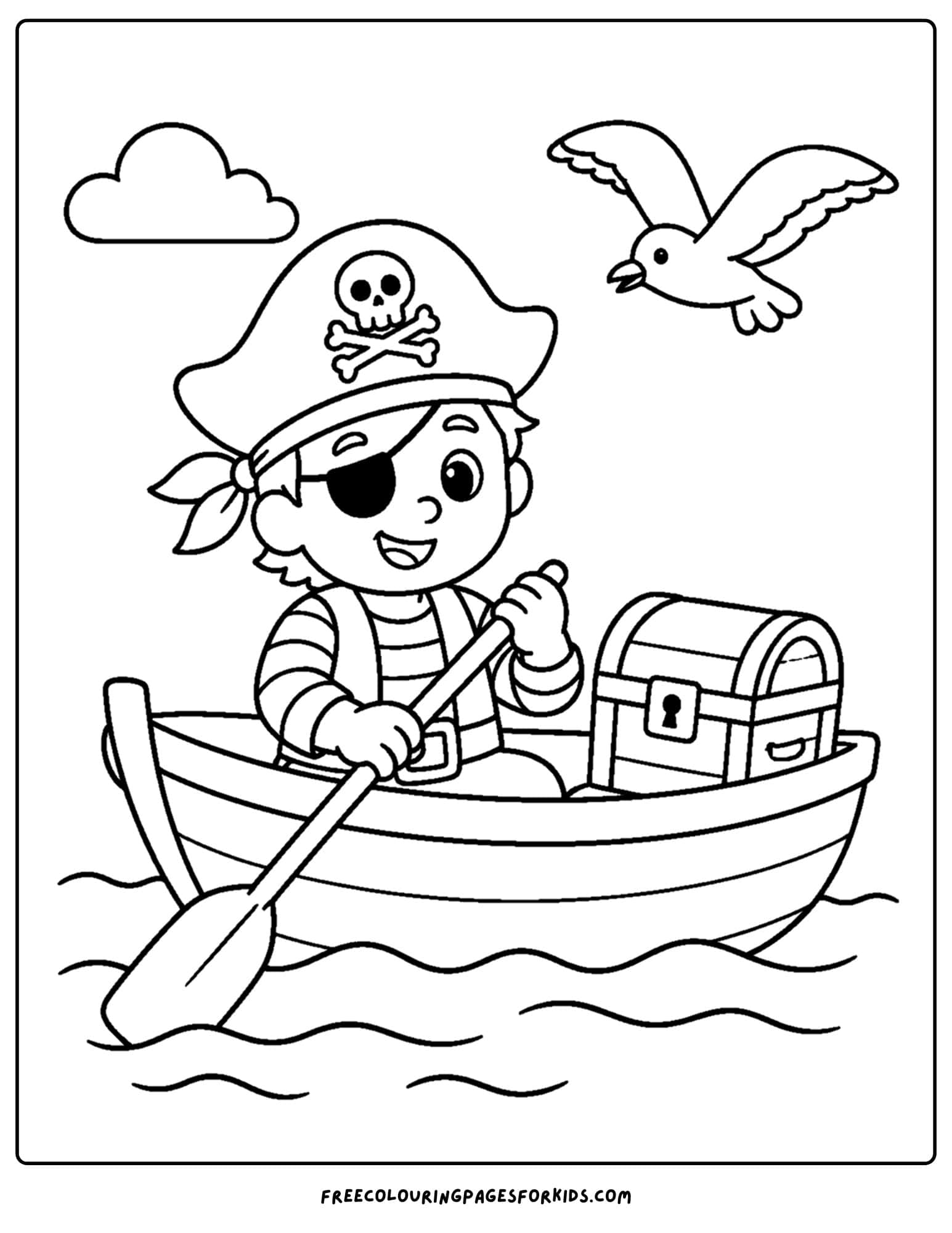 a pirate coloring page showing a pirate rowing a boat with treasure