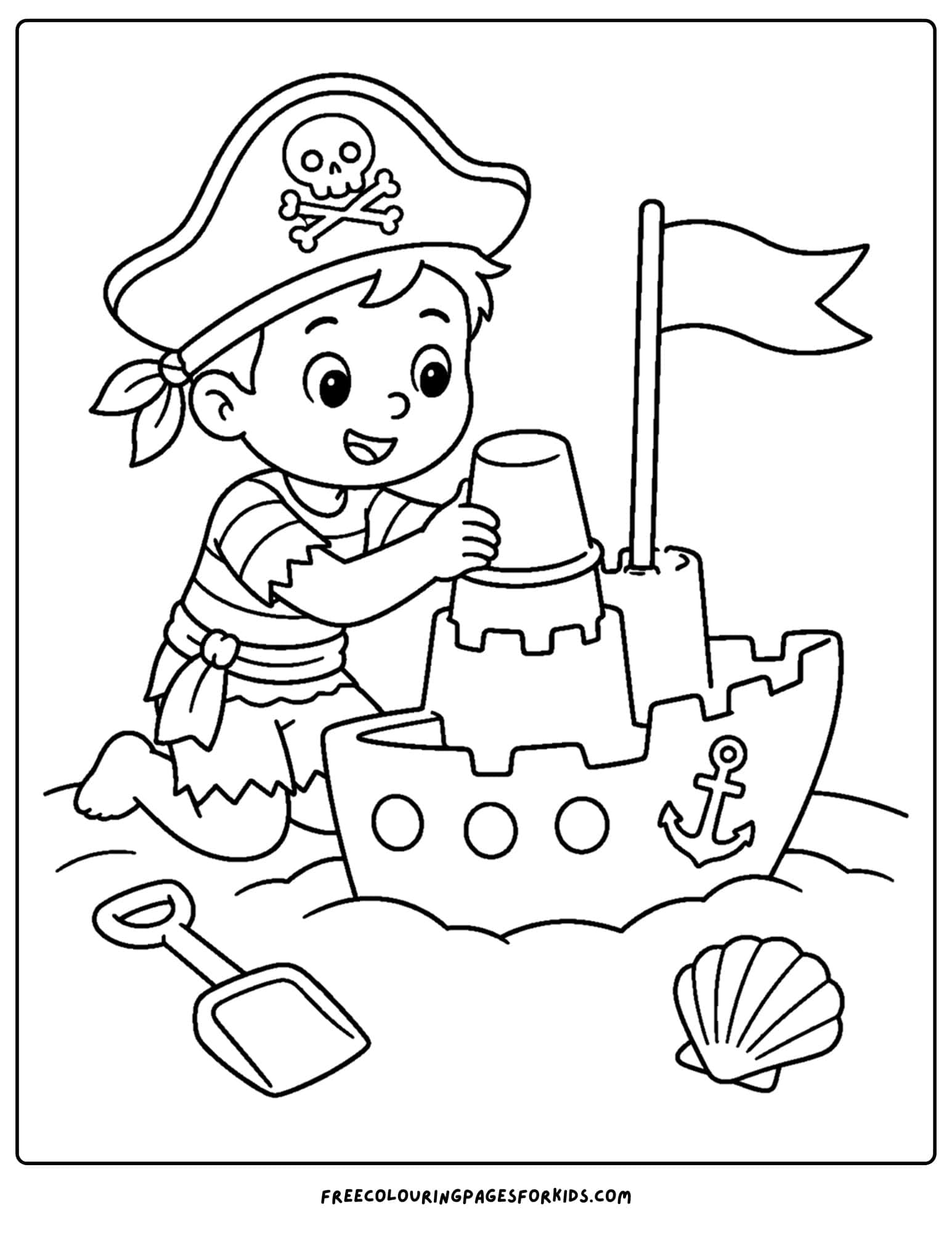 a pirate coloring page showing a pirate making a sandcastle