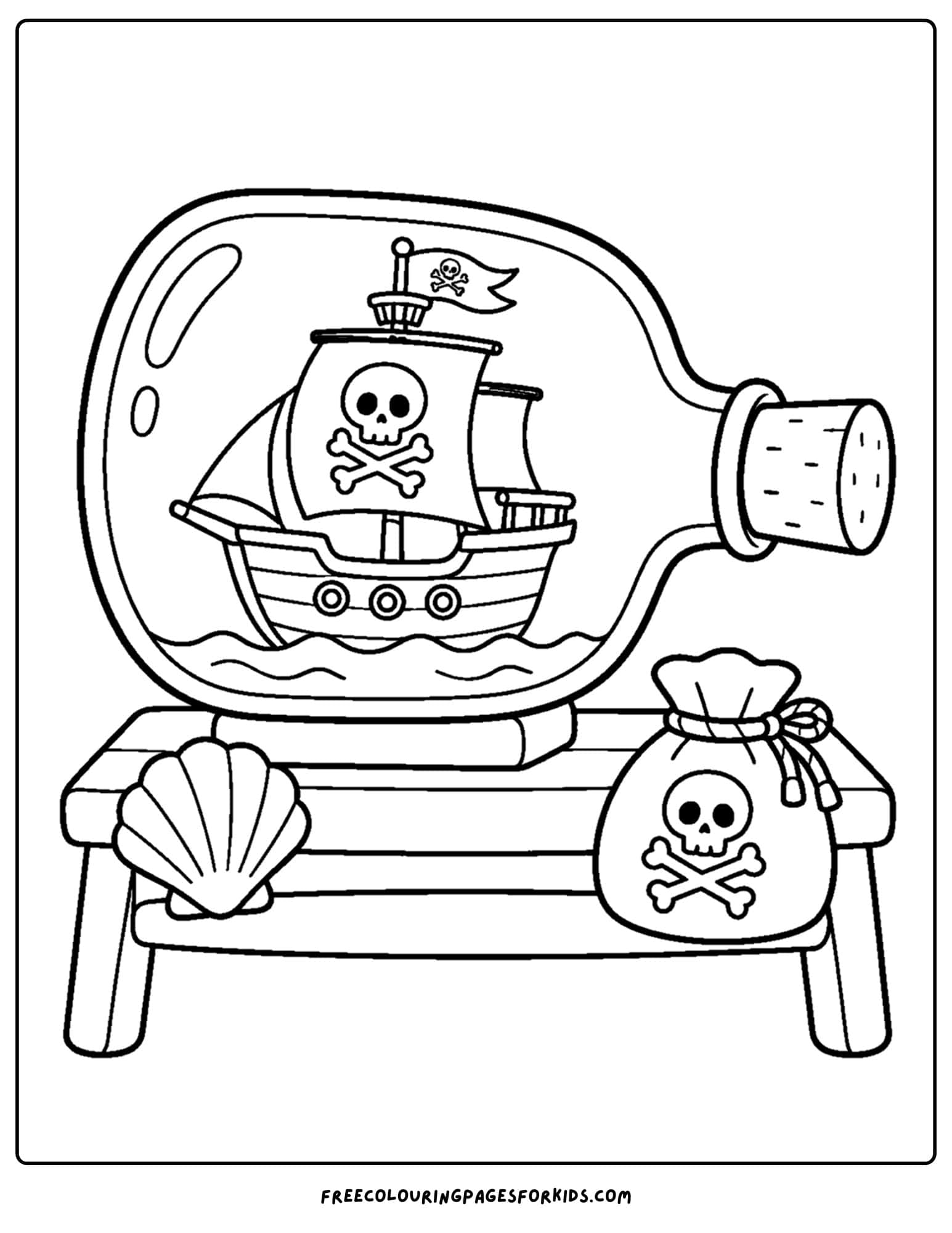 a pirate coloring page showing a mini pirate ship inside a bottle