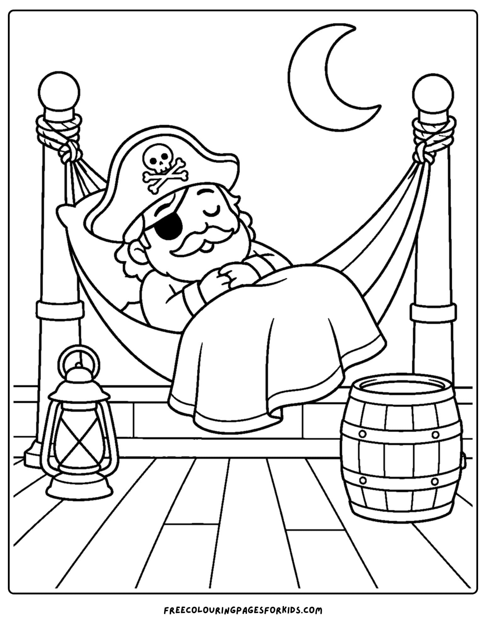 a pirate coloring page showing a pirate sleeping in a hammock