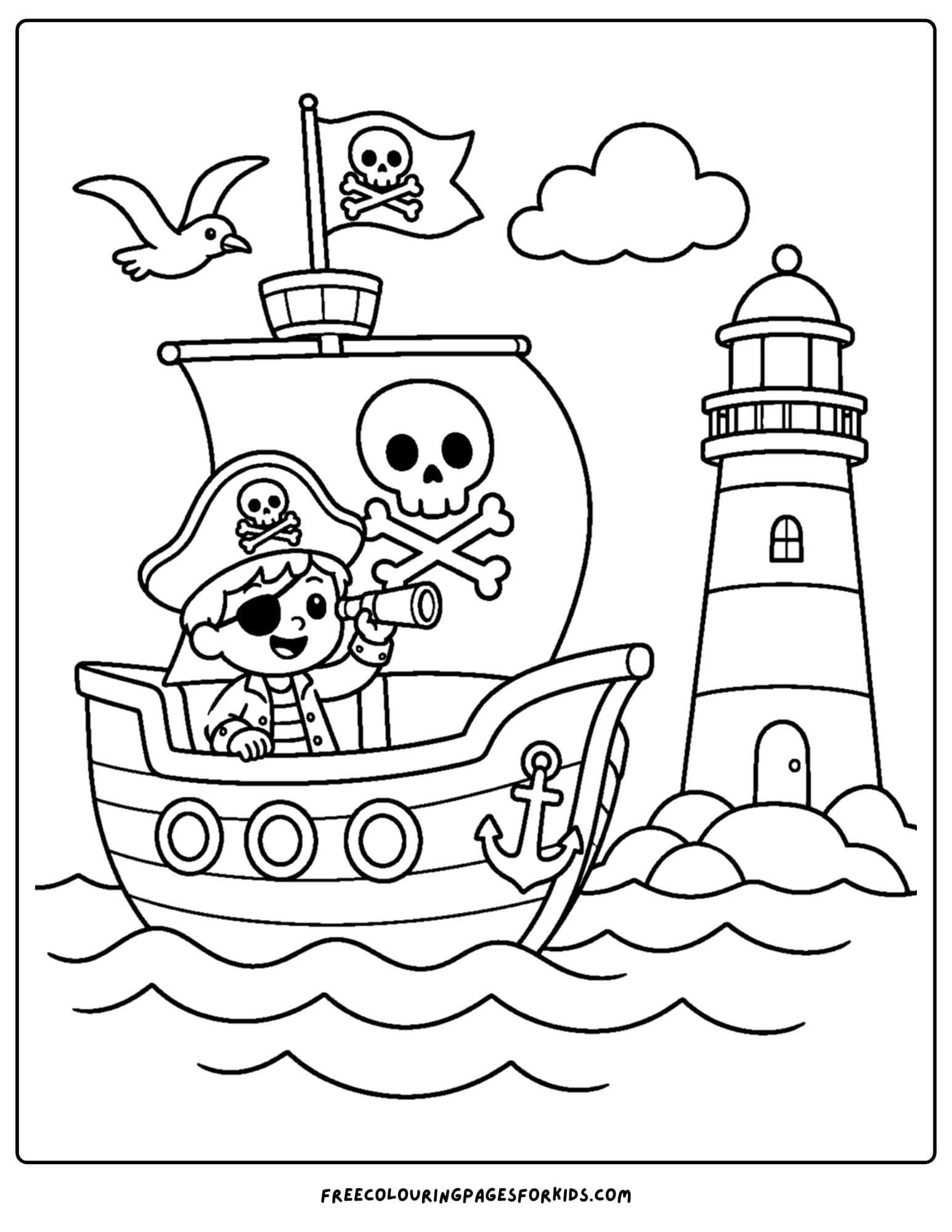 a pirate coloring page showing a pirate ship sailing past a lighthouse
