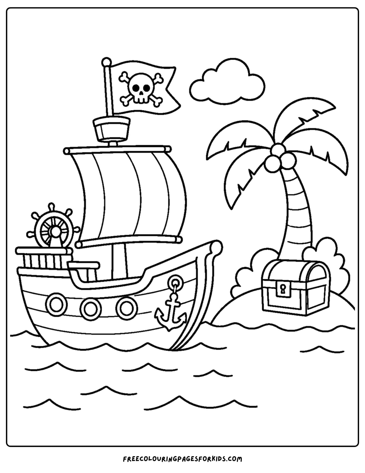 a pirate coloring page showing a pirate ship anchored at an island with a palm tree