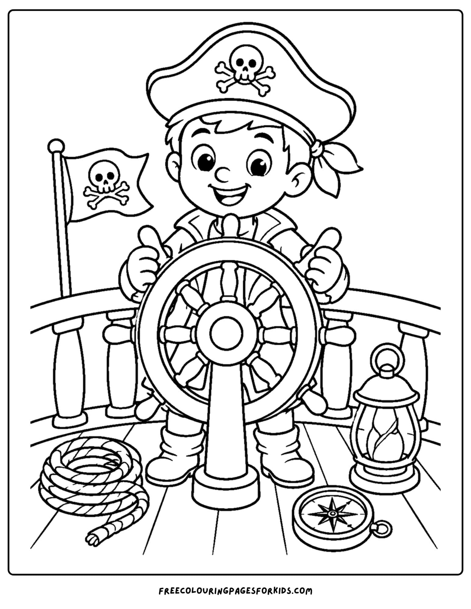 a pirate coloring page showing a pirate at the wheel of their ship