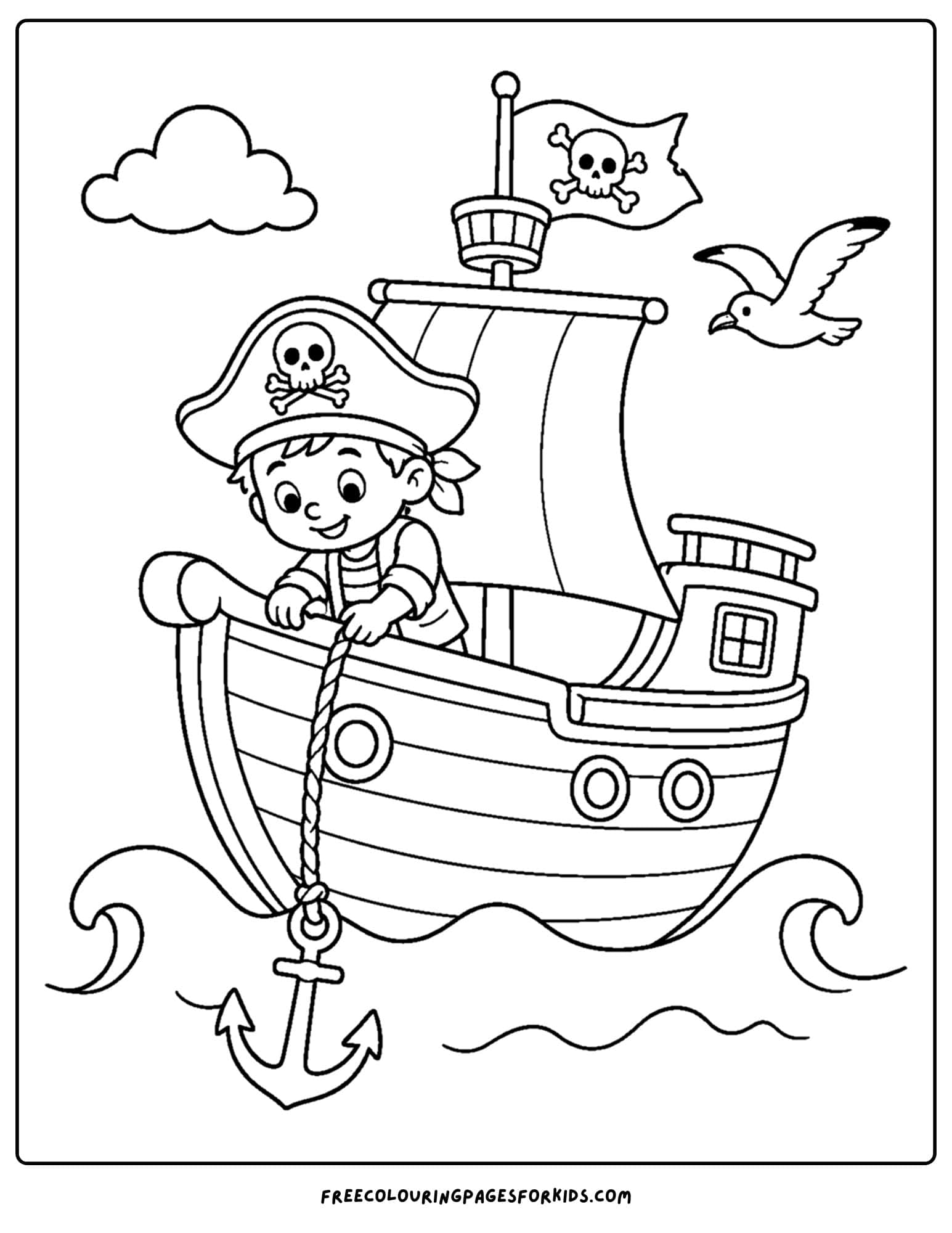 a coloring page of a pirate ship dropping its anchor
