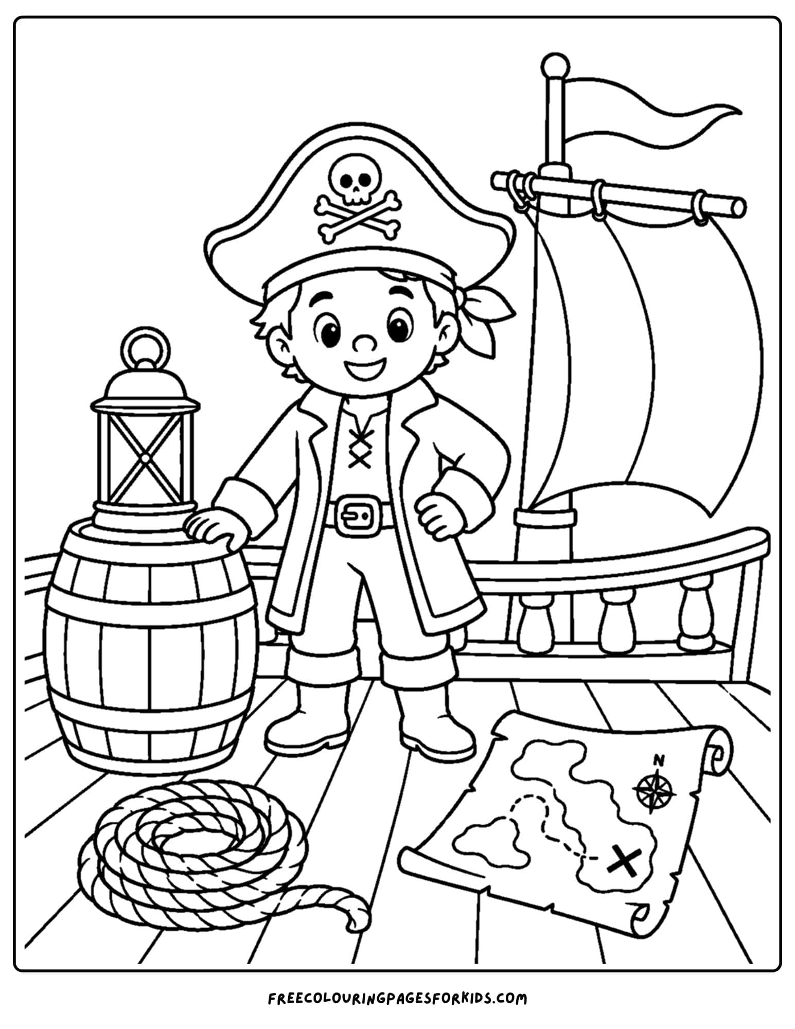 a coloring page of a pirate ship with a treasure map and barrel on deck