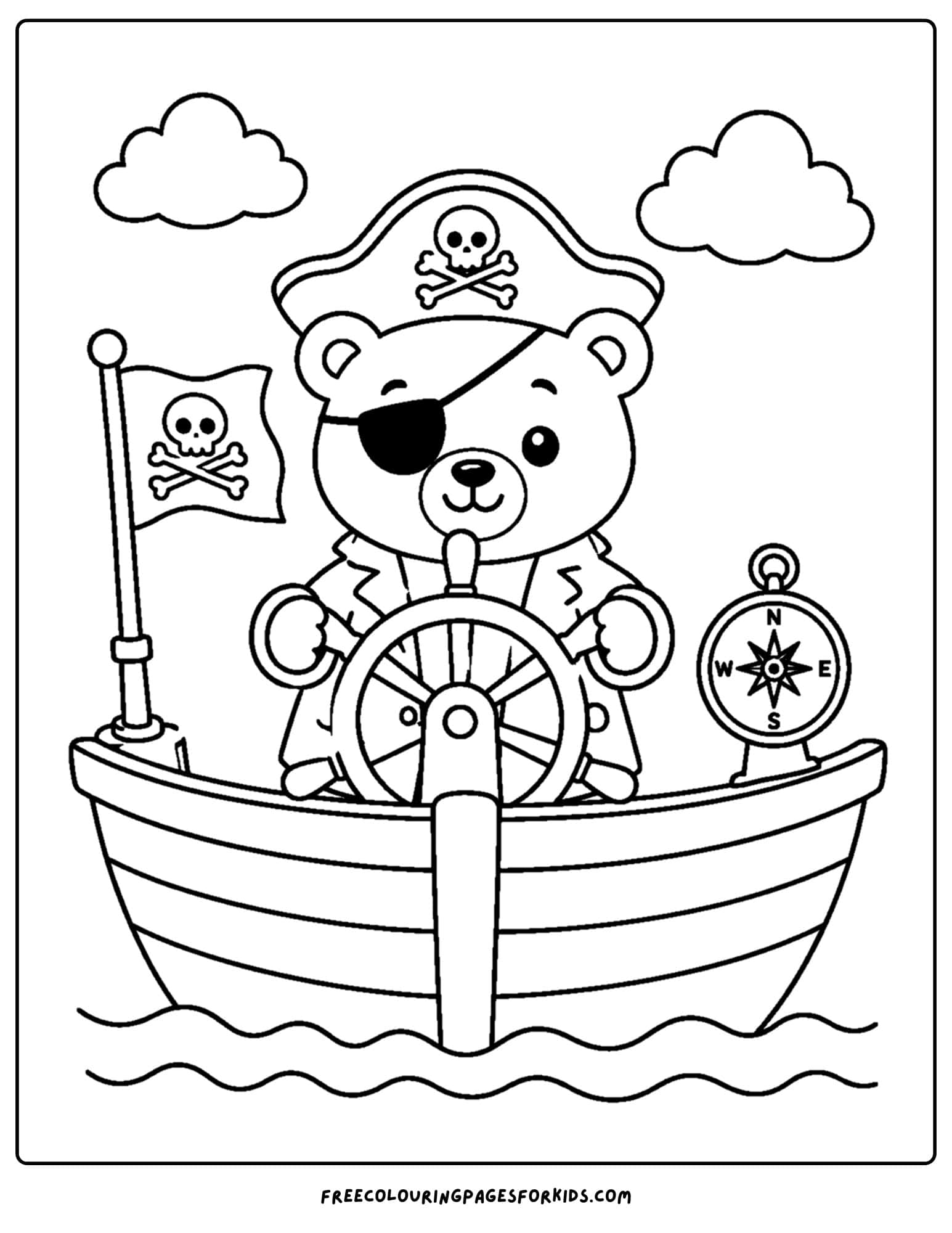 a coloring page of a pirate ship bear captain sailing the boat