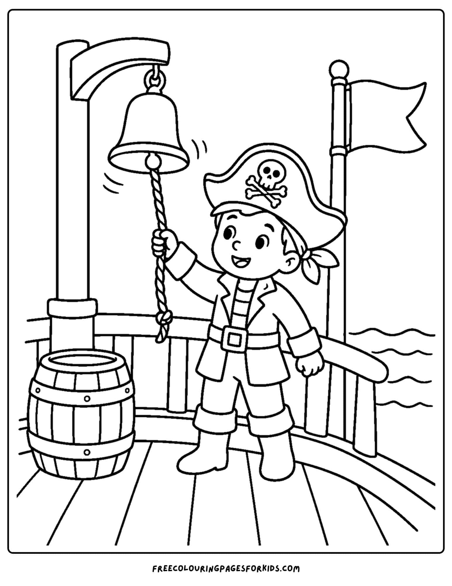 a coloring page of a pirate ship with the captain ringing the bell