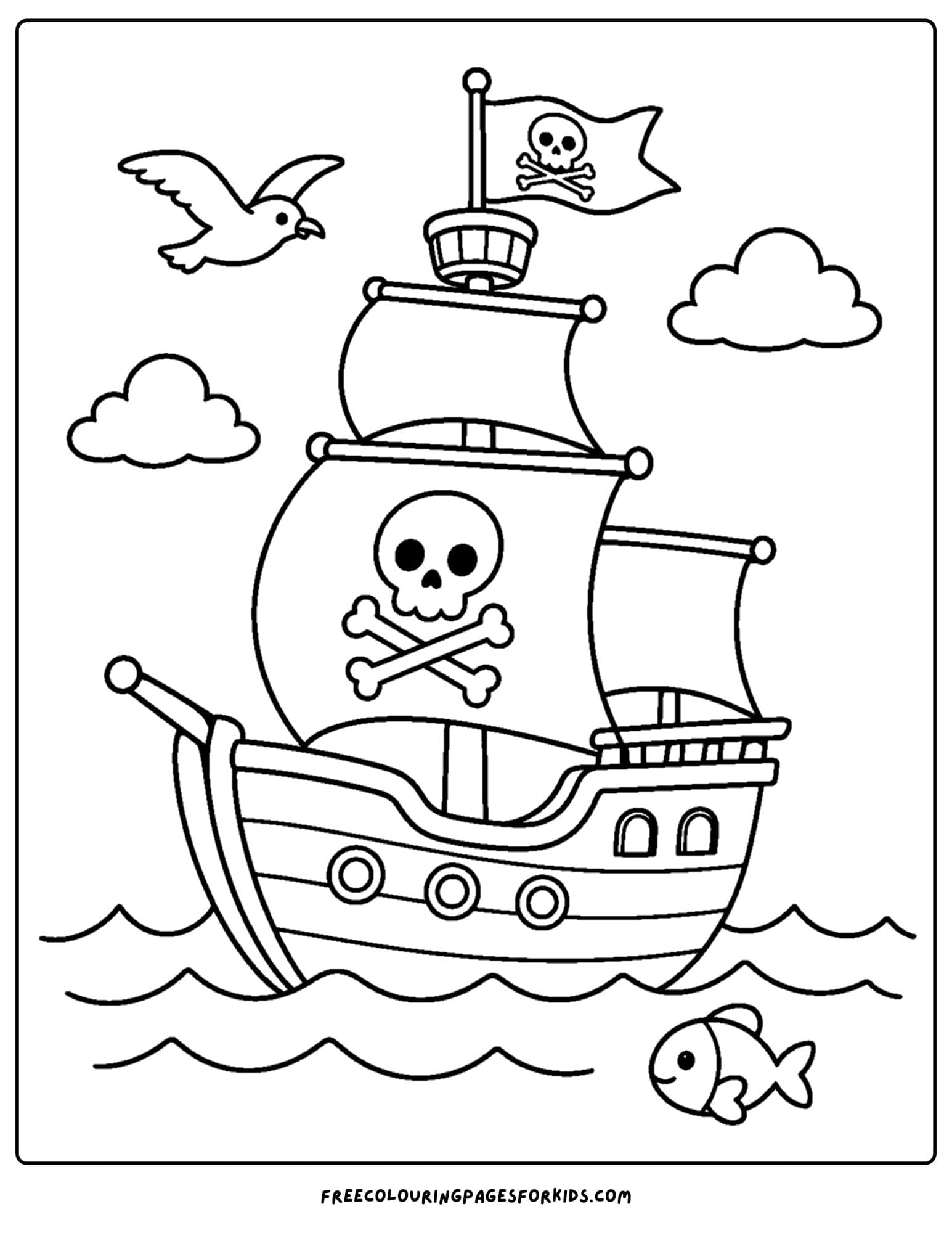 a coloring page of a pirate ship with its big sails up