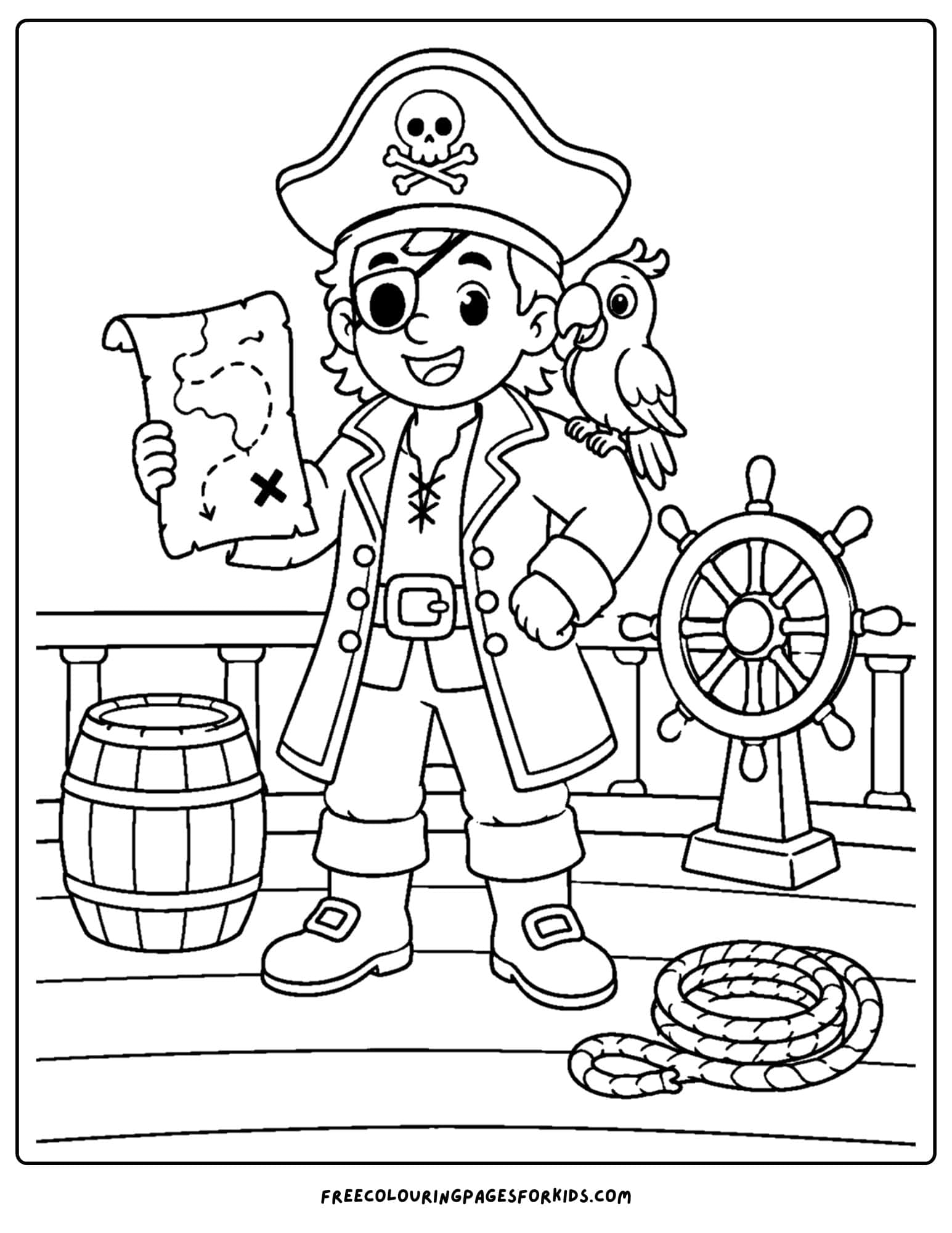 a coloring page of a pirate ship with the captain holding a treasure map