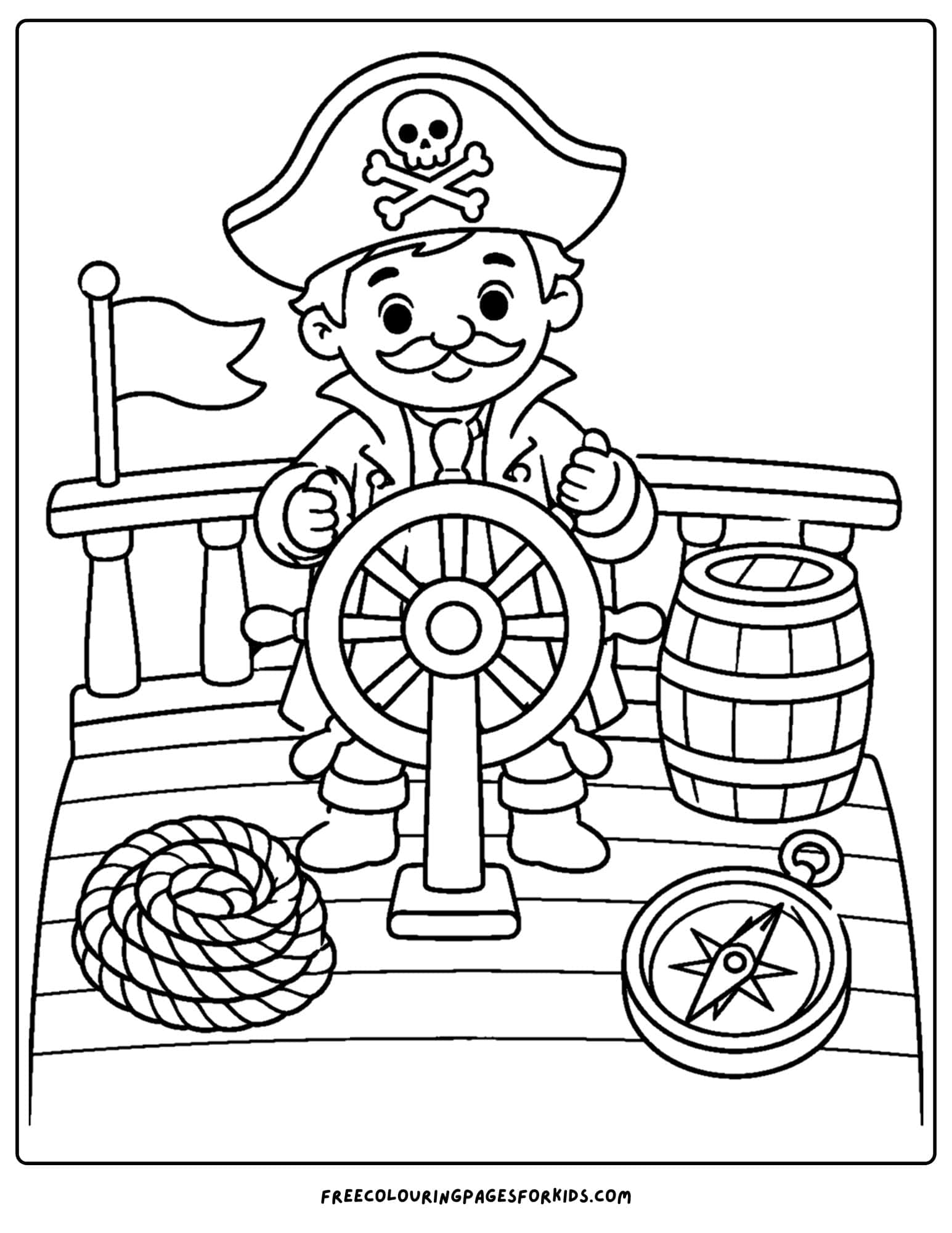 a coloring page of a pirate ship with a captain steering the wheel