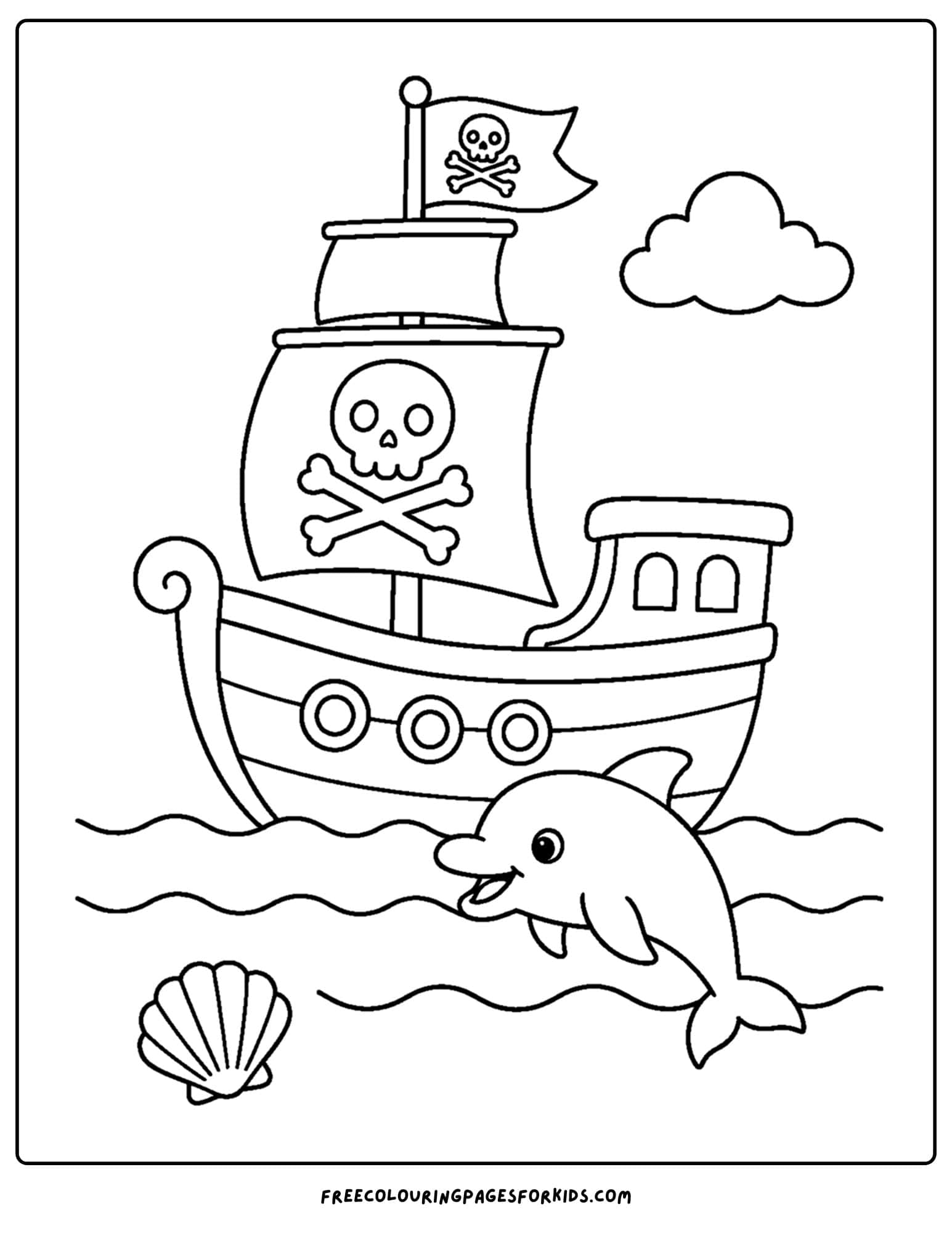 a coloring page of a pirate ship with a dolphin beside it