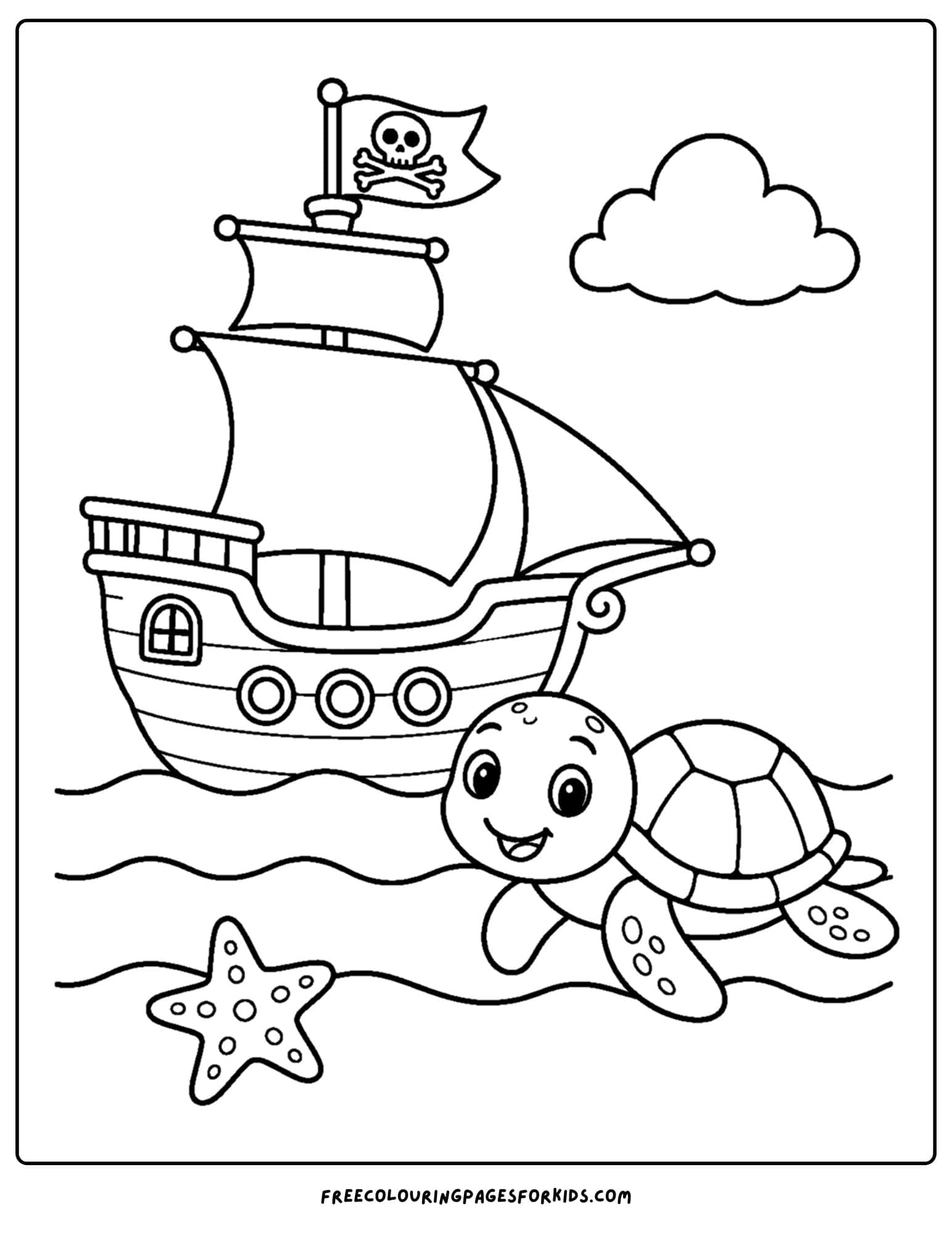 a coloring page of a pirate ship with a sea turtle beside it