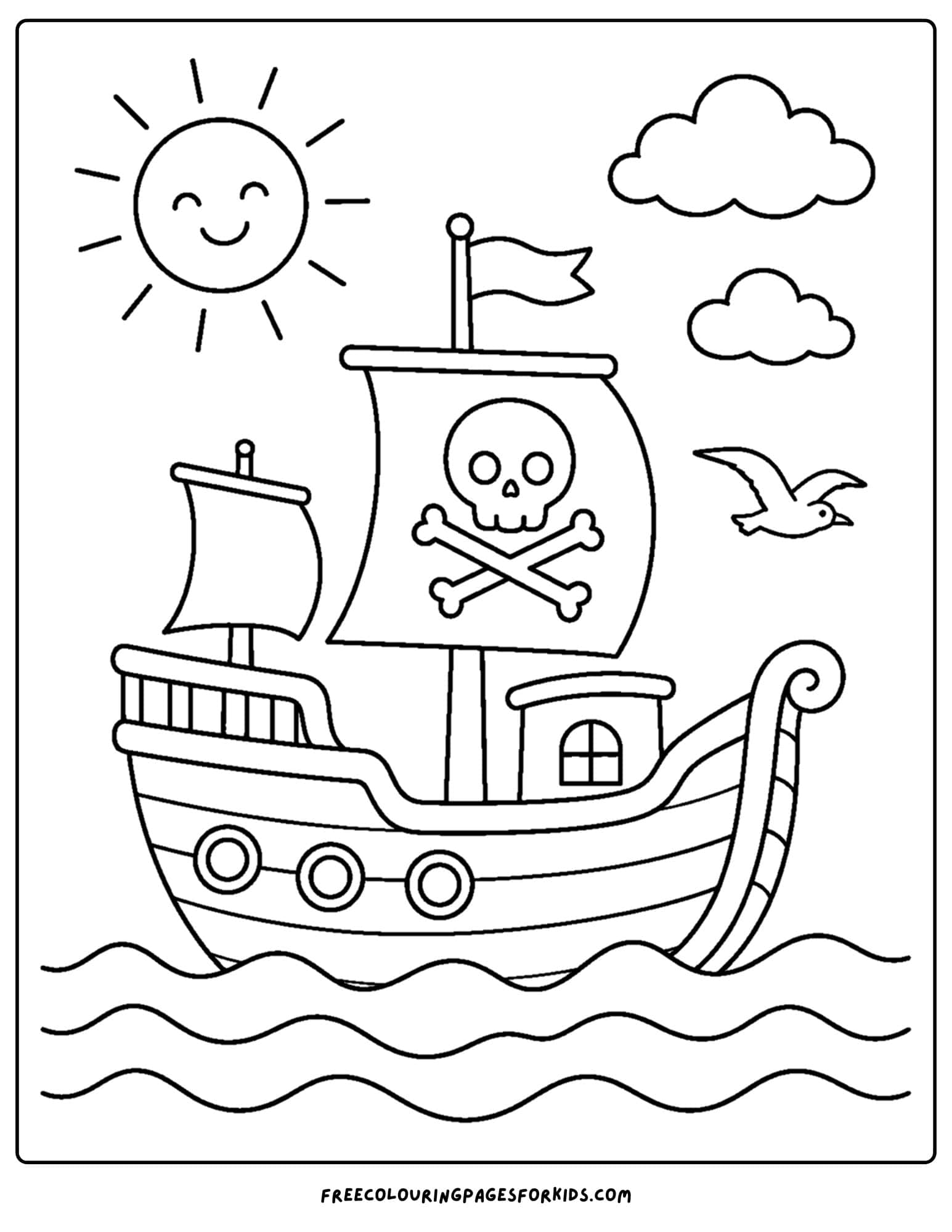 a coloring page of a pirate ship sailing the high seas