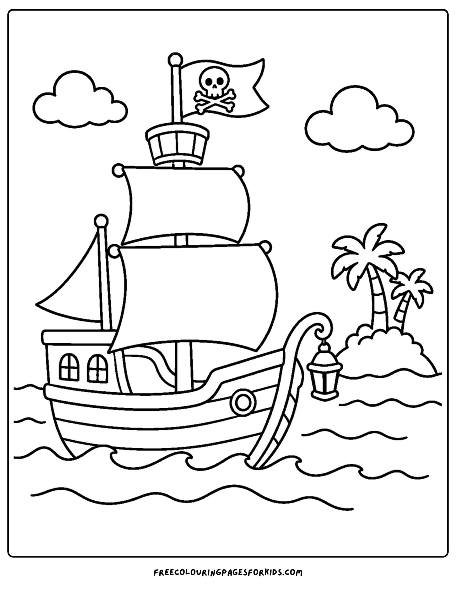 a coloring page of a pirate ship sailing away from an island