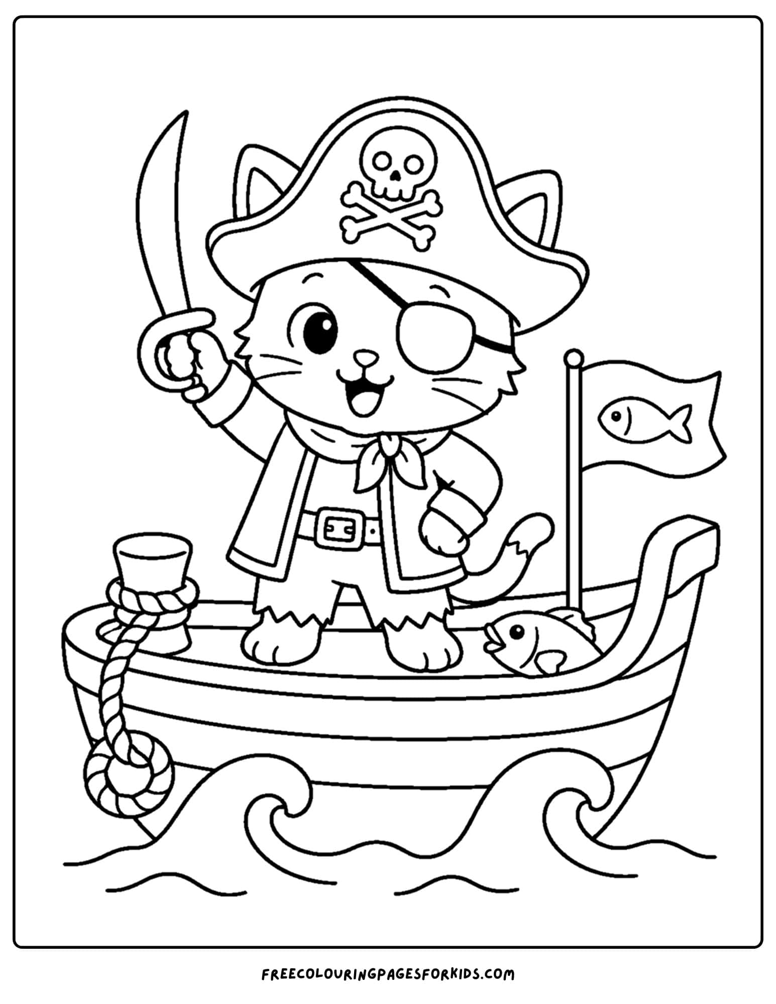 a coloring page of a pirate ship with a pirate kitten