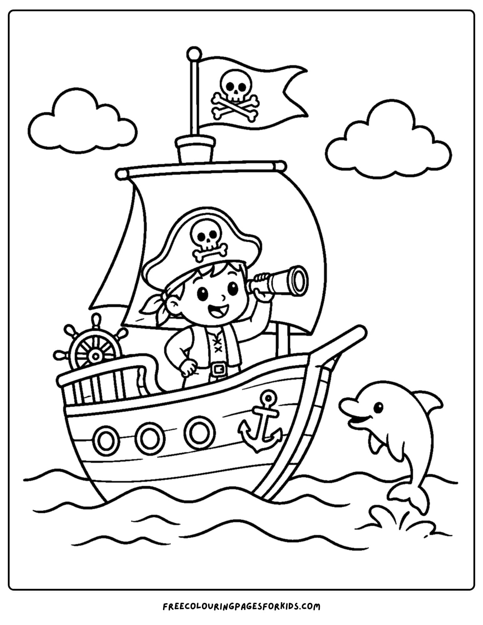 a coloring page of a pirate ship with a pirate using the looking glass