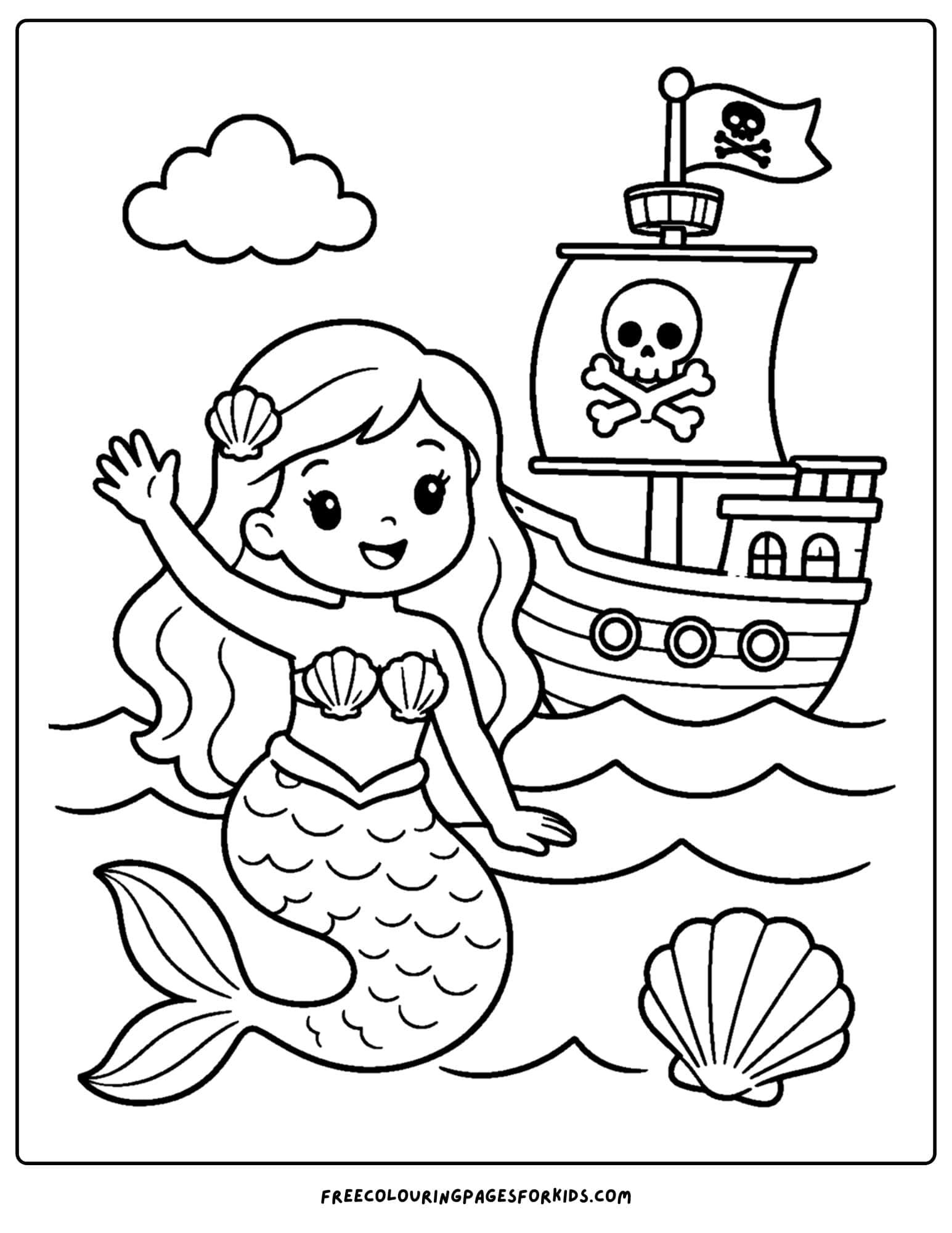 a coloring page of a pirate ship with a mermaid waving hello