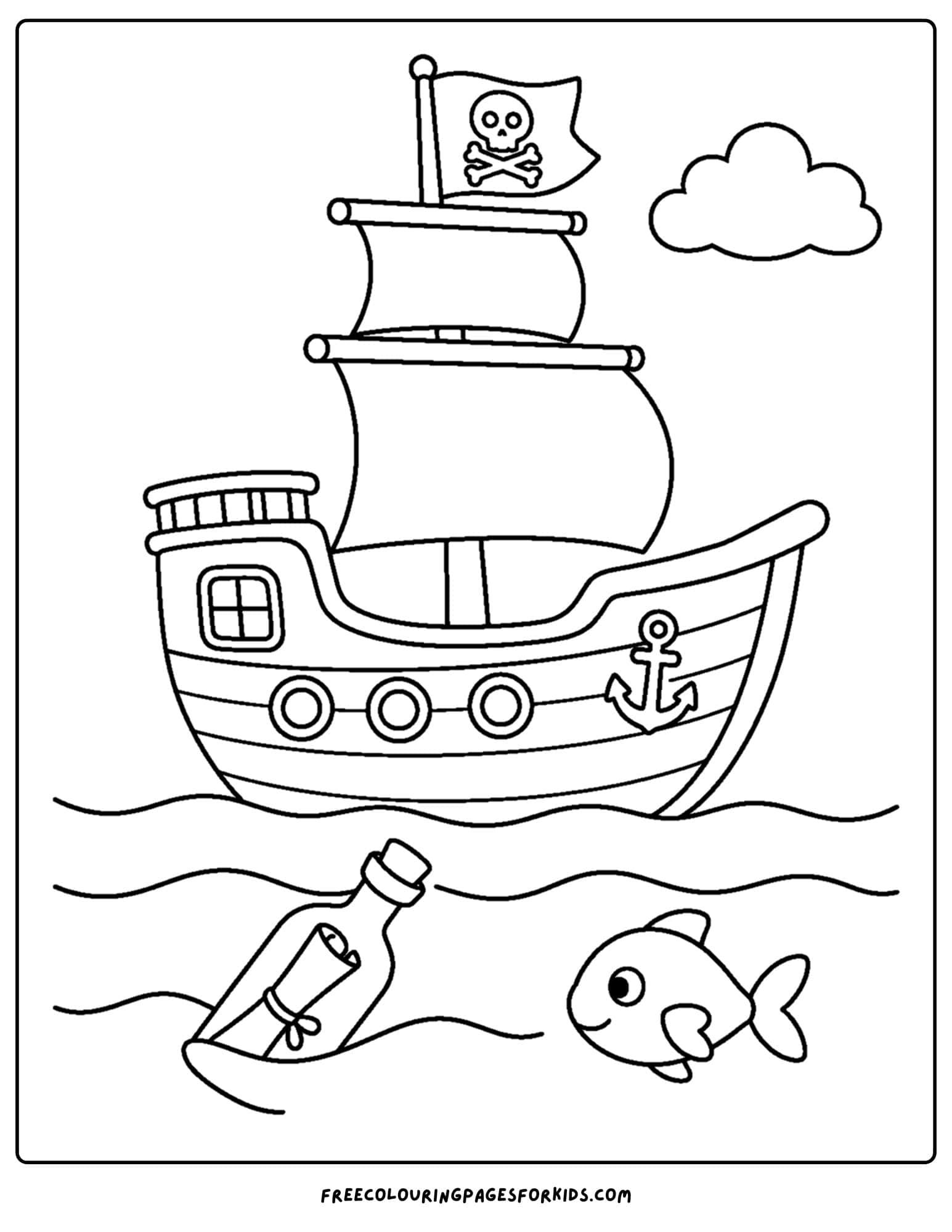 a coloring page of a pirate ship sailing past a message in a bottle